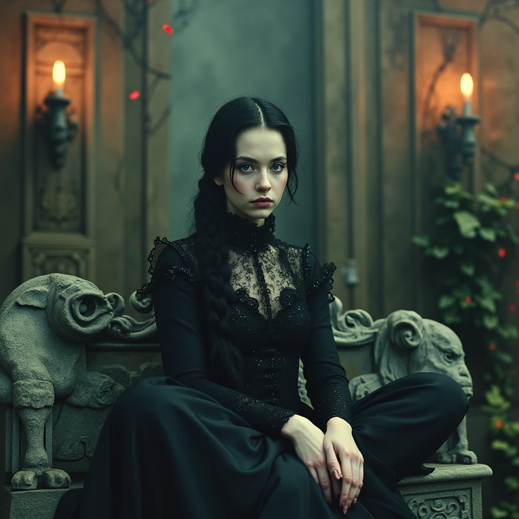 Ultra quality, faded photo, old photo effect, analog photography, shot by Polaroid SX-70, gothic woman with alabaster skin and jet-black braided hair, dressed in a high-collared bodice made of shifting black fractals, seated on an old stone bench under candlelit gargoyles, surrounded by curling mist and ivy-covered walls, 3/4 body shot, analog film photograph, low-key lighting, dusty lens and soft film grain, solemn and ethereal mood