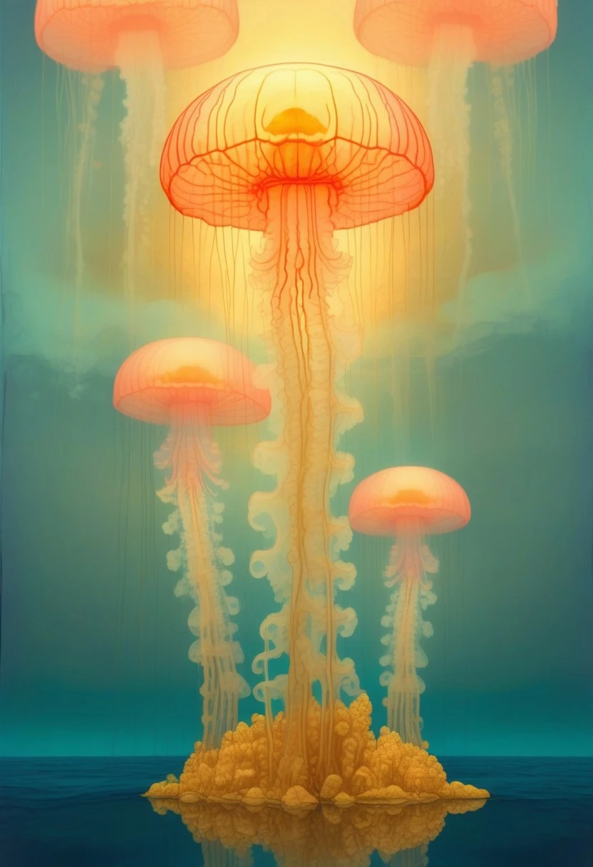 Nixpaint, landscape, scenery, glowing jellyfish drifting above a calm sea of liquid gold, skeletal coral reefs rising like towers, painterly texture, mystical dawn light