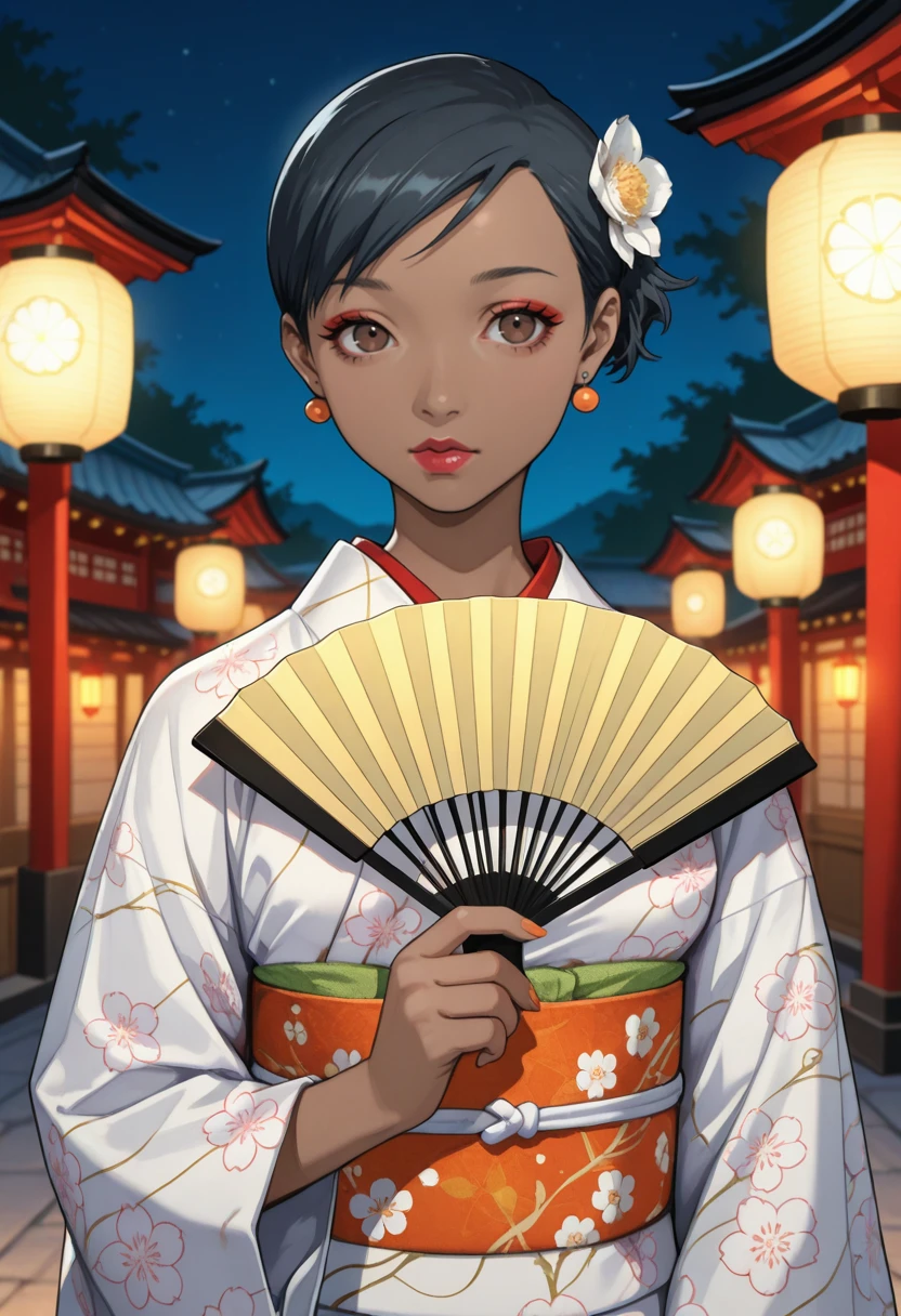 masterpiece, very aesthetic, best quality, absurdres, newest, solo,
<lora:ILP4Yuko:1>
P4Yuko, 1girl, brown eyes, black hair, short hair, dark skin, looking at viewer, japanese clothes, white kimono, hand fan, hair ornament, holding fan, hair flower, earrings, jewelry, upper body, sash, floral print, eyelashes, orange nails, obi, lantern, white flower, folding fan, closed mouth, long sleeves, red lips, makeup, night