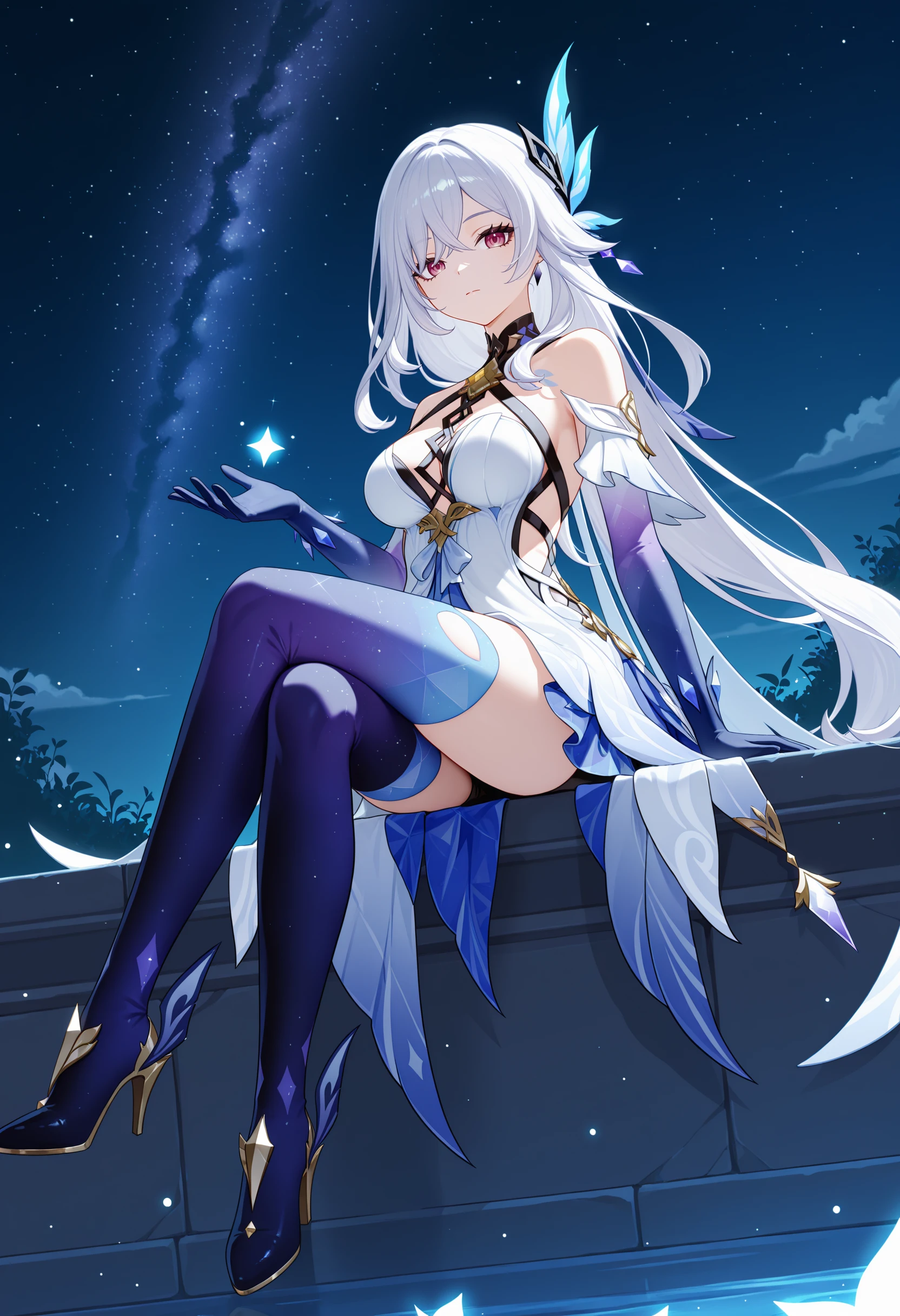 <lora:sikk_v1.0_illustrious-000058:1>,
sikk \(genshin impact\),solo,hair ornament,breasts,white hair,looking at viewer,thighhighs,bare shoulders,dress,high heels,full body,elbow gloves,white dress,closed mouth,gradient legwear,expressionless,sitting,crossed_legs,black breasts,starry sky,night,