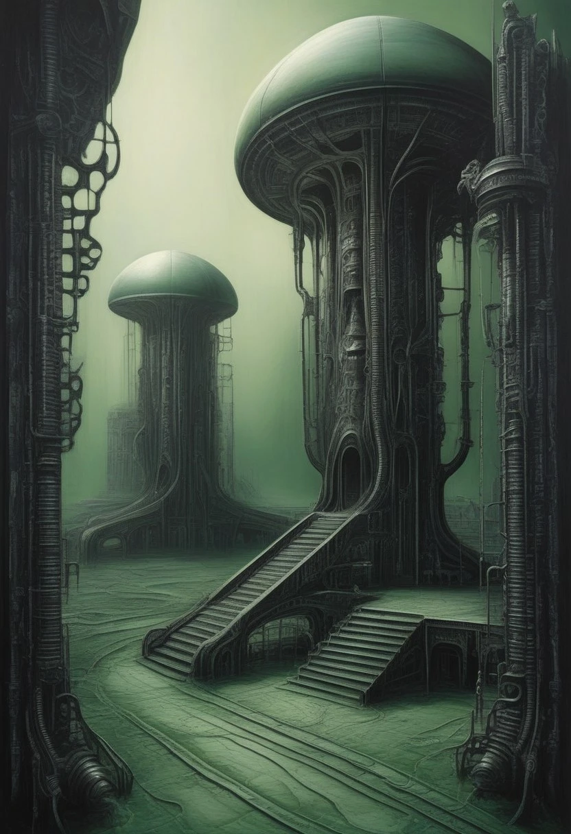 Nixpaint, biomechanical surreal environment in H.R. Giger style, intricate fused machinery and organic textures, alien architecture with dark metallic surfaces, cold eerie lighting with subtle greenish hues, highly detailed airbrush technique, ominous and unsettling atmosphere