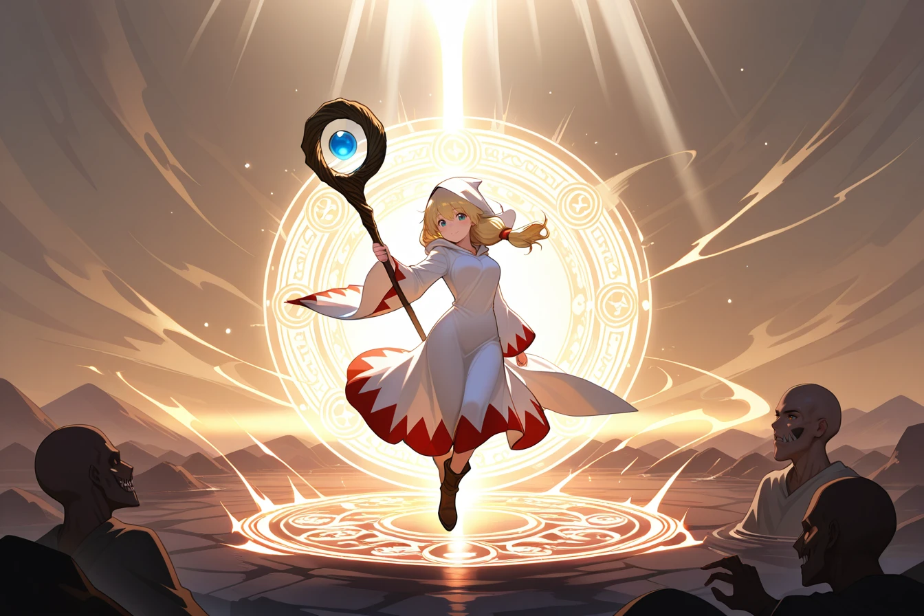 1girl,, long white robe with red trim, casting spell, holy magic, glowing magical circle, divine light beam shining aura, dynamic pose, midair, outstretched hand, serious expression, radiant energy, fantasy setting, sky background, sparkling particles, wind-blown hair, flowing outfit,Atlantis: A lost city of great wisdom and power, now drowned beneath the sea,fighting,1girl,, masterpiece, best quality, amazing quality, newest, <lora:White_mage_Illustrious:1.0>,white mage_cos,white mage,hood,robe,long sleeves,boots,staff,holding staff,final fantasy, BREAK,Zombie,