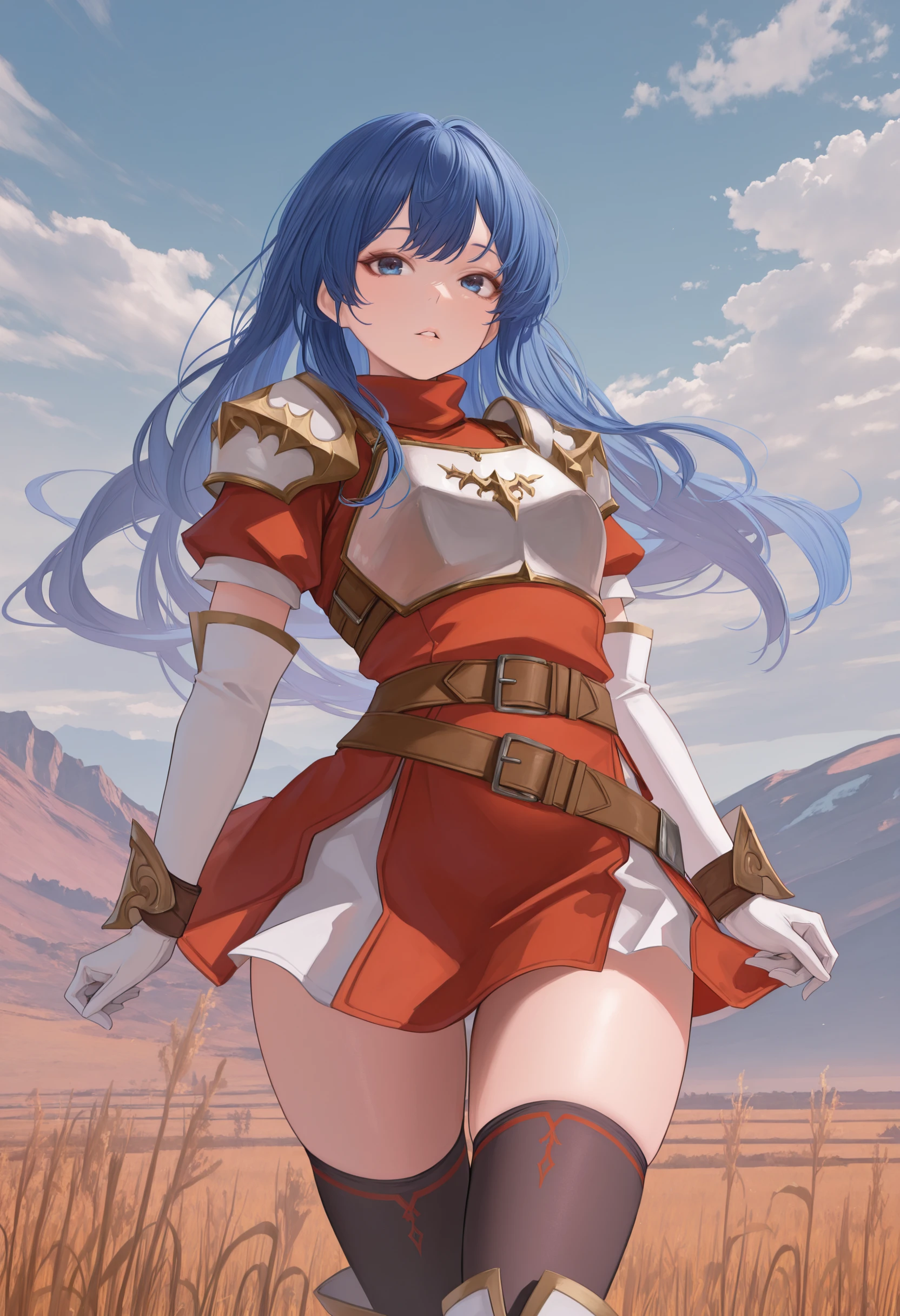 ((best quality)), ((masterpiece)), (detailed), caeda fe, 1girl, solo, looking at viewer, smile, sunset, shoulder armor, breastplate, nature, armor, short dress, red dress, thigh boots, thick thighs, belt