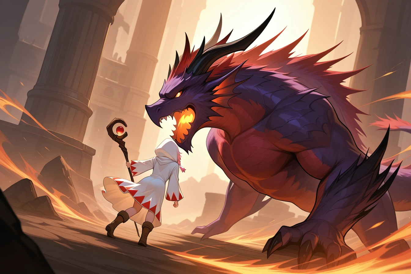 The Castle of Shadows,fighting,1girl,, masterpiece, best quality, amazing quality, newest, <lora:White_mage_Illustrious:1.0>,white mage_cos,white mage,hood,robe,long sleeves,boots,staff,holding staff,final fantasy, BREAK,Dragons,