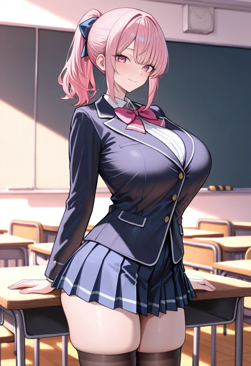 (masterpiece, highest quality:1.2),(Shiny skin:1.6), Upper Body, Detailed cloth texture, Detailed hair texture, One girl, alone, 17 year old girl sexy pose, Long eyelashes, Lips parted, shining pink lips, Pink Eyes, (The body is slim:1.1), (beautiful pink long hair:1.2), (Huge breasts:1.3), Floating Hair, (bangs), (Blazer uniform, stockings, belt, Pleated mini skirt), (Cleavage), (necklace, Earrings), smile, Blushing, View your viewers, (Cowboy Shot:1.5), School classroom,Put your hands behind your body,arms behind back,Hide your hands,Straight Hair,straight hair