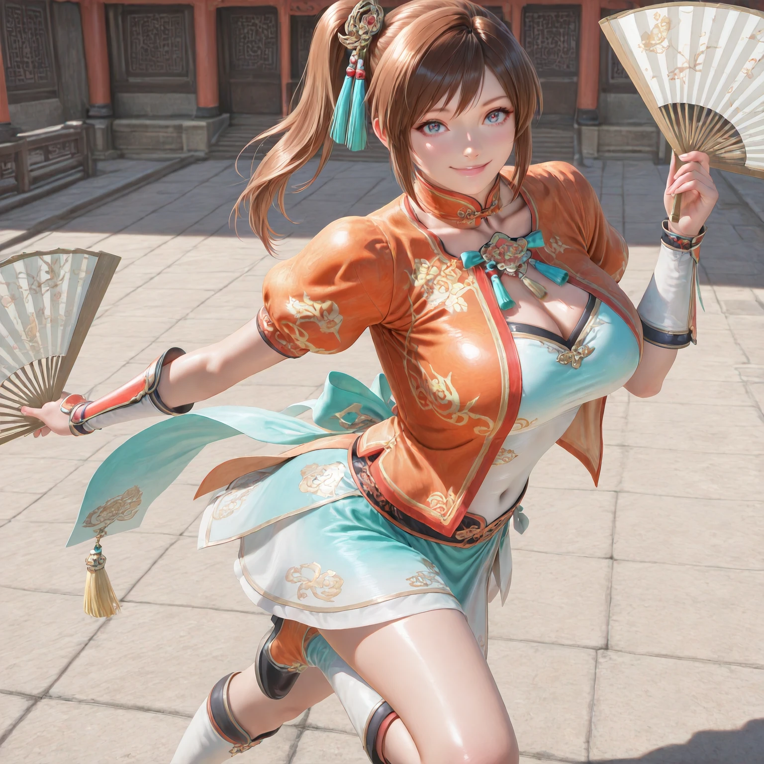 (masterpiece, best quality,realistic:1.3),absurdres,(looking at viewer, collarbone,),(shiny_eyes,sparkling_eyes,smile:1.2),
XiaoQiao,1girl,solo,hand fan,brown hair,ponytail,folding fan,boots,skirt,puffy sleeves,holding,knee boots,vambraces,blue eyes,short sleeves,chinese clothes,
side ponytail,orange jacket,tassel,hair ornament,aqua ribbon,jacket,ribbon,green ribbon,dress,puffy short sleeves,puffy sleeves,
cleavage,large breasts,bouncing breasts,outdoors,covered navel,<lora:aidmaImageUpgrader-v0.3-IL:0.6>,<lora:XiaoQiao(IL):0.7>,