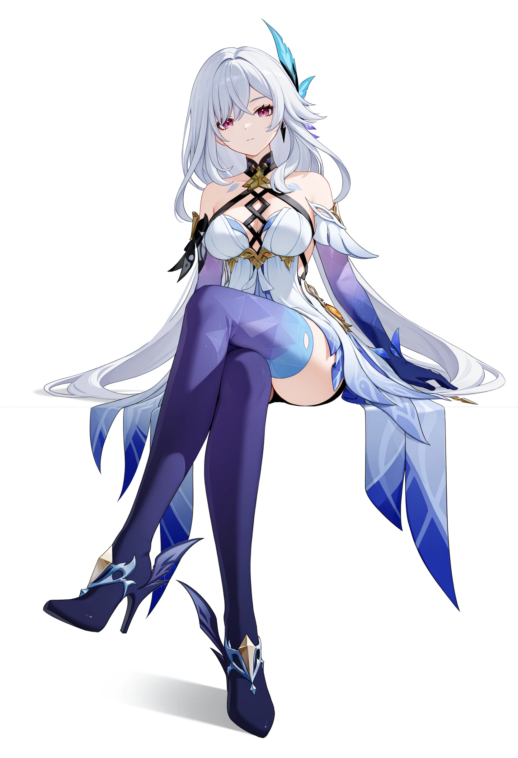 <lora:sikk_v1.0_illustrious-000058:1>,
sikk \(genshin impact\),solo,hair ornament,breasts,white hair,white background,looking at viewer,thighhighs,bare shoulders,dress,high heels,full body,elbow gloves,white dress,closed mouth,gradient legwear,expressionless,sitting,crossed_legs,black breasts,
