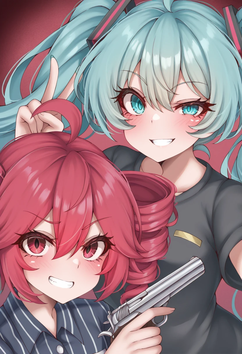 <lora:MCNsPpolar01:1> MCNsPq0l4r,2girls, kasane teto, hatsune miku, holding handgun, smile,  shirt, twin drills, red hair, grin, red eyes, drill hair, twintails, striped shirt, upper body, black shirt, open mouth, looking at viewer, ahoge, striped clothes, blue eyes, long hair,  teeth, aqua eyes, short hair,  short sleeves, uneven eyes, blush, hair between eyes, aqua hair, evil grin, evil smile, v-shaped eyebrows, raised eyebrow, v