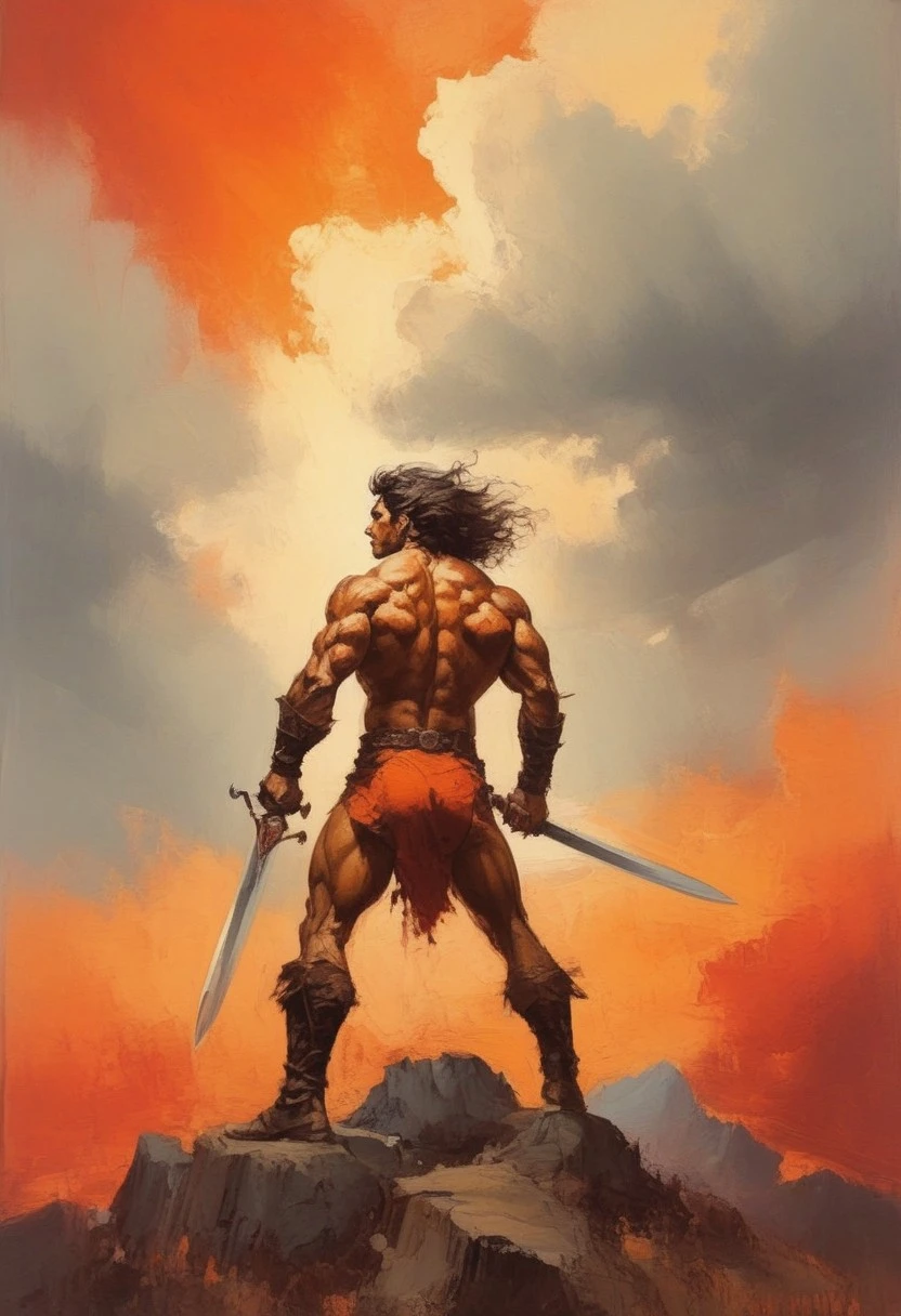 Nixpaint, heroic fantasy scene in Frank Frazetta style, muscular warrior wielding a gleaming sword, dynamic powerful pose, wild flowing hair, dramatic lighting with strong contrasts, rugged rocky landscape, stormy sky with fiery red and orange hues, bold expressive brushstrokes, rich saturated colors, intense and primal atmosphere