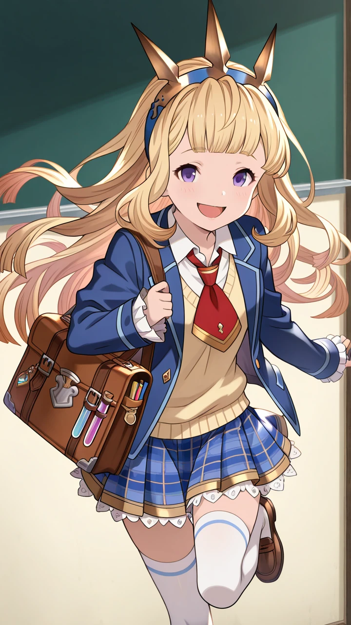 solo, smile, open mouth, cute,, masterpiece, best quality, amazing quality, very aesthetic, absurdres, newest, anime screencap, <lora:cagliostroILM:1>, cagliostro (granblue fantasy), long hair, blonde hair, hair ornament, floating hair, purple eyes, cagliostro (youthful uniform) (granblue fantasy), school uniform, test tube, vial, white thighhighs, zettai ryouiki, bag, frilled skirt, frilled sleeves, loafers, long sleeves, miniskirt, plaid clothes, plaid skirt, sleeves past wrists, sweater vest, blue jacket, blue hairband, blunt bangs, red neckerchief, white shirt, wing collar, bookbag, blue skirt,