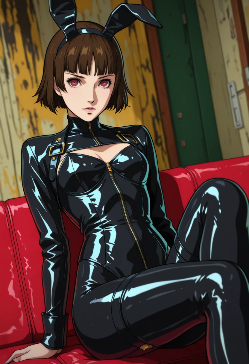 masterpiece, very aesthetic, best quality, absurdres, newest, solo,
<lora:ILP5Makoto:1>
P5Makoto, 1girl, brown hair, red eyes, short hair, blunt bangs, looking at viewer, sitting, dynamic angle, full_body_focus_with_face , grunge, retro, bunny_ears, latex_jacket, bent_leg
