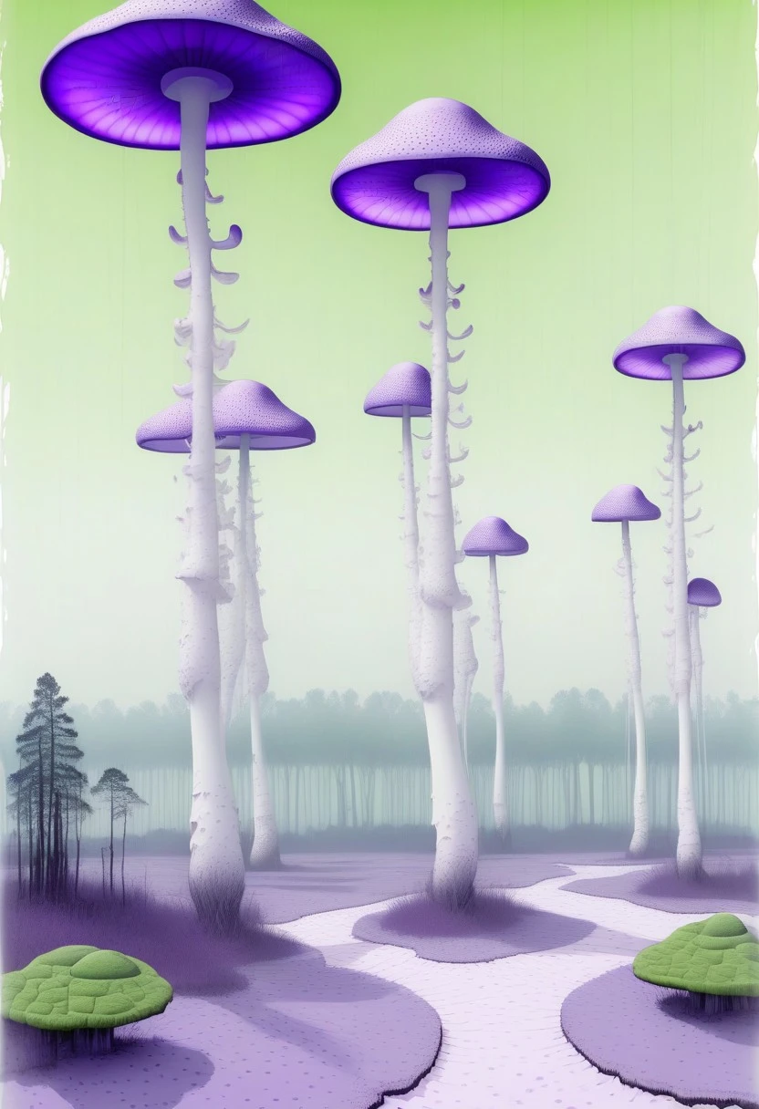 Nixpaint, landscape, scenery, a field of translucent purple mushrooms towering like trees, ground patterned with purple grass and patchy green moss, painterly texture, dreamlike light