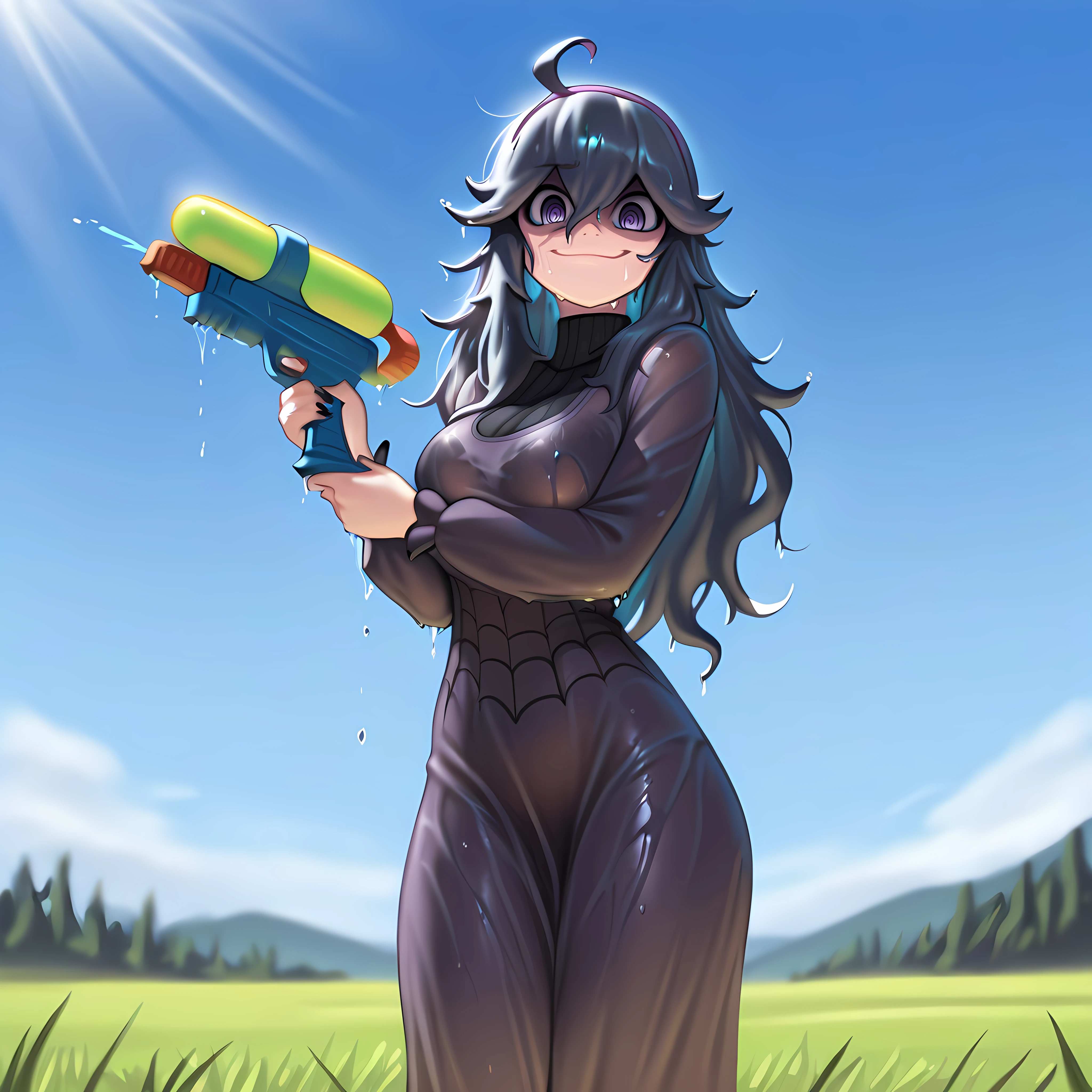 Masterpiece, newest, perfect quality, best quality, 1girl, solo, hex maniac, w4t3rgn, holding water gun, outdoors, sunlight,wet clothes, wet hair, grass, sunlight, blue sky,