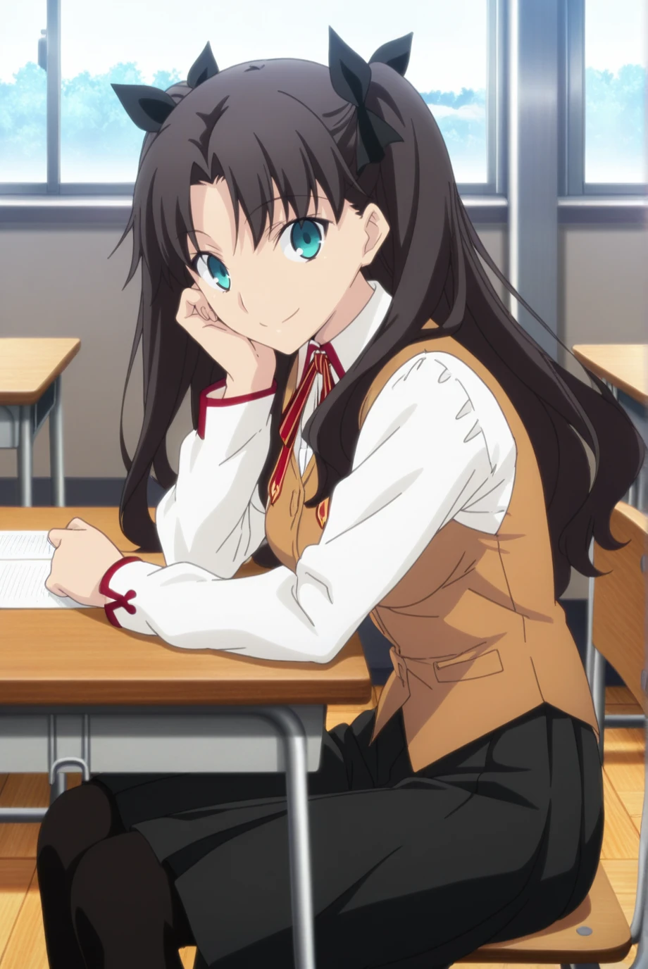 absurdres, masterpiece, best quality, very aesthetic, 1girl, solo,
<lora:TohsakaRin-IL-v1-08:0.9>, ChopioTohsakaRin, black hair, long hair, two side up, parted bangs, hair ribbon, aqua eyes, looking at viewer,
anime coloring, medium breasts,
outfit_1, white shirt, collared shirt, neck ribbon, brown vest, black skirt, pleated skirt, long skirt, black pantyhose,
classroom, wooden floor, smile, happy, window, sitting, from side, chair, desk, head rest,