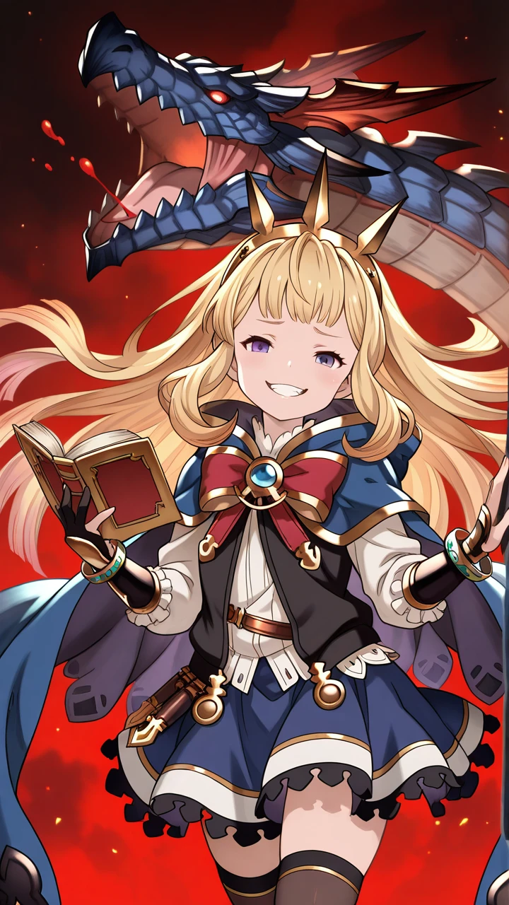 solo, smile, open mouth, cute, smirk, grin, dragon, ouroboros (granblue fantasy), spikes, blood, book, holding, holding book, open book,, masterpiece, best quality, amazing quality, very aesthetic, absurdres, newest, anime screencap, <lora:cagliostroILM:1>, cagliostro (granblue fantasy), long hair, blonde hair, spiked hairband, crown, hair ornament, floating hair, purple eyes, white shirt, black vest, chest ribbon, brooch, partially fingerless gloves, blue cape, blue skirt, black thighhighs, official alternate color,