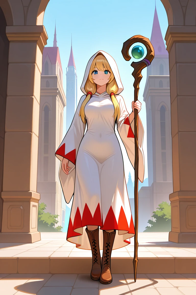 The Tower of Destiny,1girl,<lora:White_mage_Illustrious:1>,white mage_cos,white mage,hood,robe,long sleeves,boots,staff,holding staff,, masterpiece, best quality, amazing quality, newest