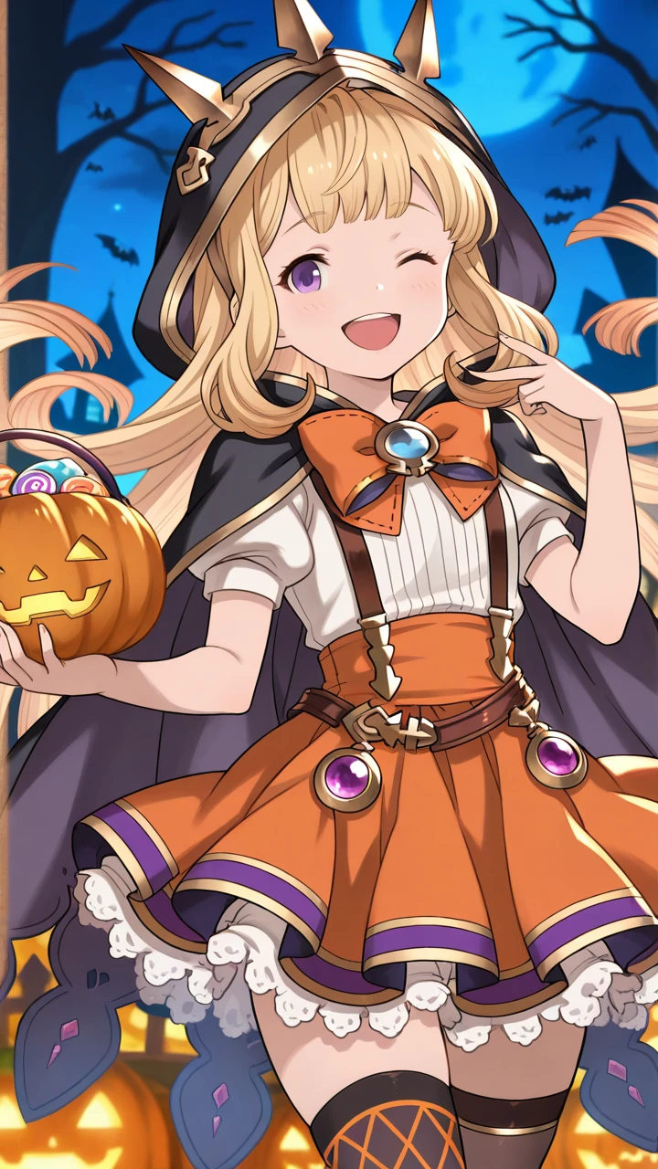 solo, smile, wink, open mouth, cute, night,, masterpiece, best quality, amazing quality, very aesthetic, absurdres, newest, anime screencap, <lora:cagliostroILM:1>, cagliostro (granblue fantasy), long hair, blonde hair, hair ornament, floating hair, purple eyes, cagliostro (halloween) (granblue fantasy), asymmetrical clothes, asymmetrical legwear, black thighhighs, halloween, miniskirt, orange skirt, pumpkin, uneven legwear, zettai ryouiki, vest, hood, halloween costume, high-waist skirt, orange bow, orange bowtie, petticoat, puffy short sleeves, suspenders, very long hair, white shirt, cloak, sailor collar, hood, hood up,