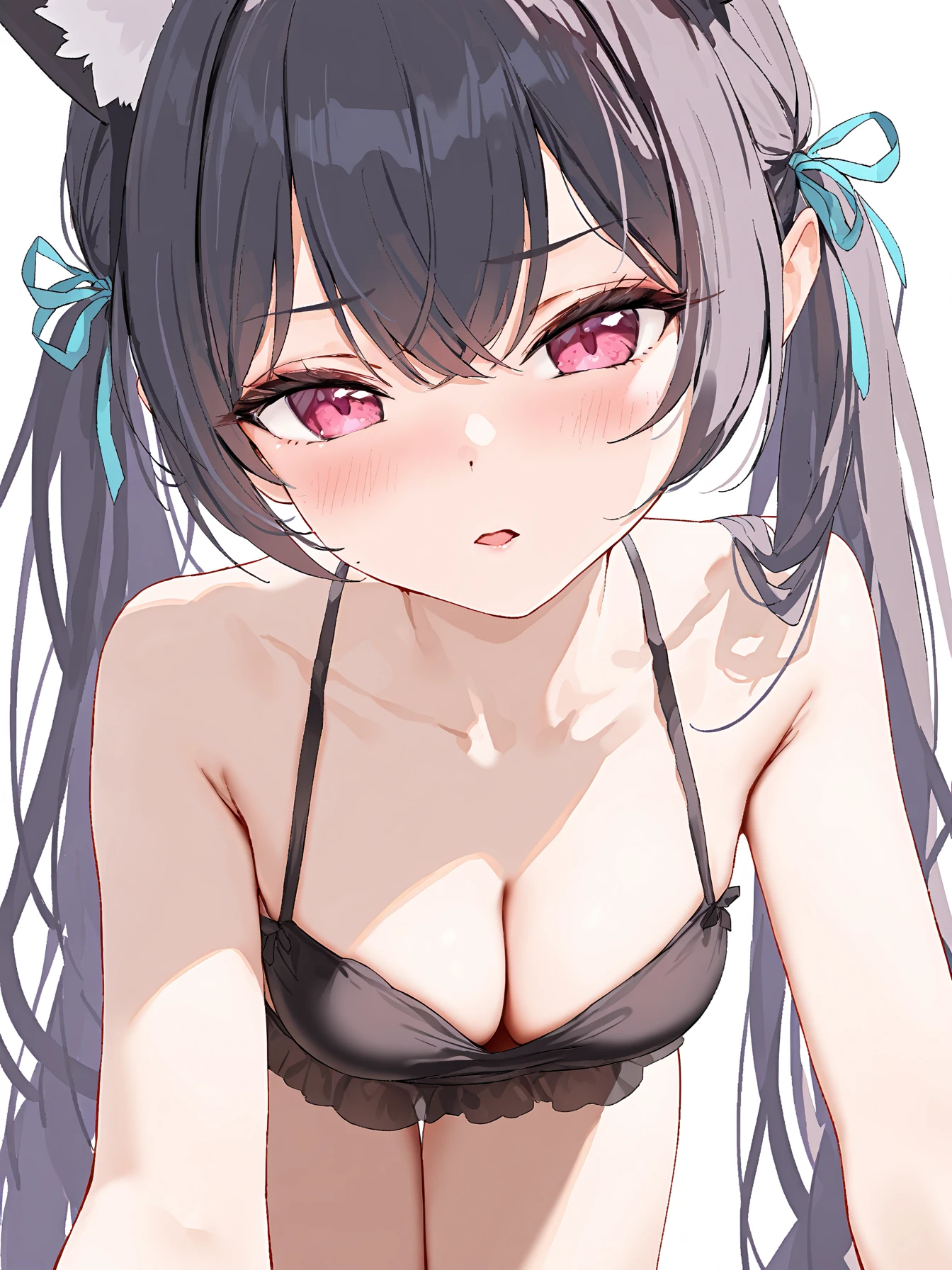 (yd \(orange maru\):0.8), (chen_bin:0.8), (yunsang:0.6), (sakyumama \(kedama milk\):0.4), (ama mitsuki:0.5), (devil heavens:0.4), 
masterpiece, best quality, highres, absurdres, newest, (original:0.6), (official art:0.6), (cover image:0.6), solo, 
blue archive, 1girl, kuromi serika, black long hair, cat ears, alluring face, blush, animal ears, kuromi serika, , hair ribbon, collarbone,  shoulders, cleavage, , 
