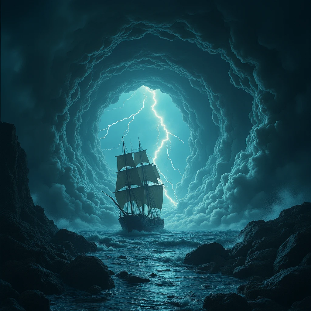 A ship sailing inexorably into a stormy ocean vortex. Lightning. Atmospheric. Moody.
vrtxCE_style