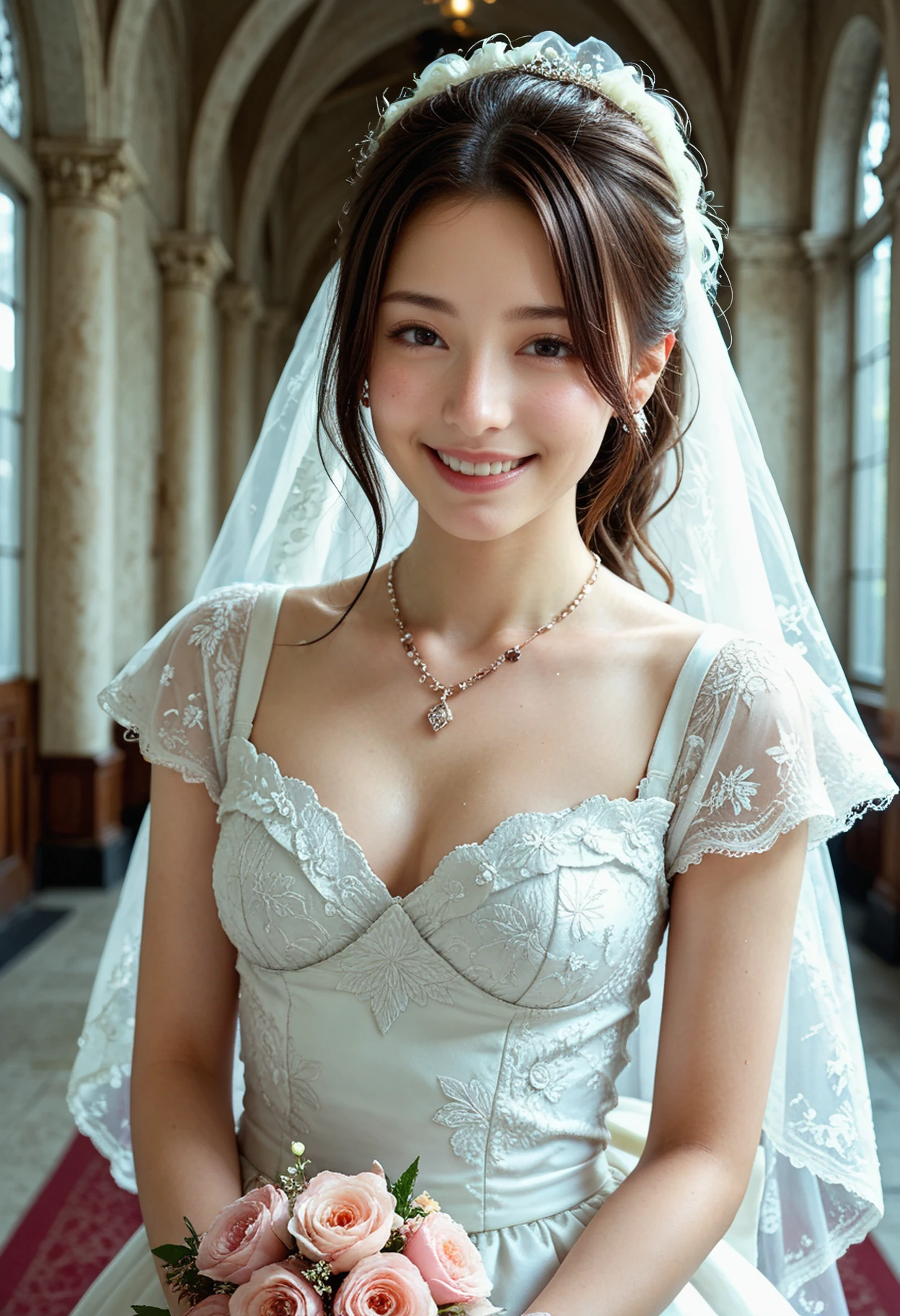 portrait of european girl,独奏,20yo,beautiful face,uppser body,hair over one eye,medium sidecut, blonde hair, sharp focus,Wedding dress、whole body、smile、church、cute、
