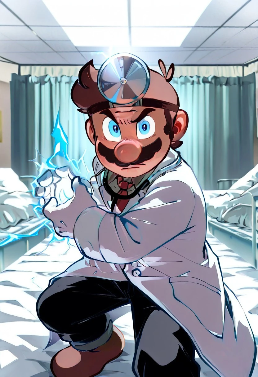 masterpiece, newest,absurdres,incredibly absurdres, best quality, amazing quality, very aesthetic, 
, depth of field, blurry foreground, bokeh,indoor, hospital room, hospital desk, hospital bed on background, solo, Drmariorrr, brown hair, moustache,cartoon-style, petite male, blue eyes,chubby male, white gloves,
white lab coat, black pants, head mirror, stethoscope around neck, Red necktie, Brown shoes, gray shirt under labcoat
, Kamehameha-Charge, bent elbows,arms on waist level ,hands cupped together, electricity on hand, thunder on hand,
,re4lity_sync_illu