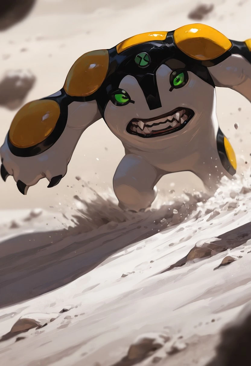 masterpiece, best quality, amazing quality, very aesthetic, absurdres, newest, cinematic, movie scene, foreground blur, depth of field, blade runner 2049,
cannonbolt, solo, no humans, black claws, green eyes, teeth, fang,monster, pokemon (creature),
on moon surface, upper body, scratching, looking to side, white sand, lunar surface, earth from space, confused,