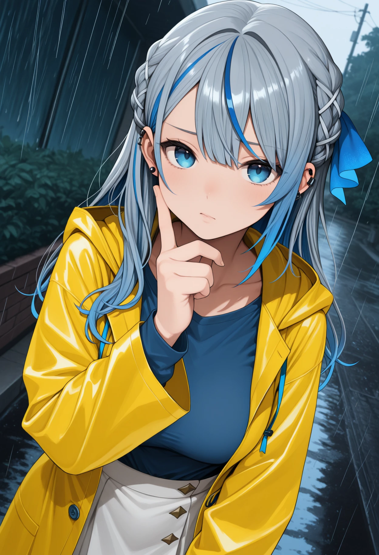 masterpiece, best quality, 1girl, solo, Am4gaiRuka, blue eyes, multicolored hair, grey hair, blue hair, long hair, braid, ribbon braid, ear piercing, blue shirt, collarbone, white skirt, yellow raincoat, looking at viewer, finger to cheek, pensive, thinking, dutch angle, outdoors, <lora:ChamAmagaiRukaNoob:1>