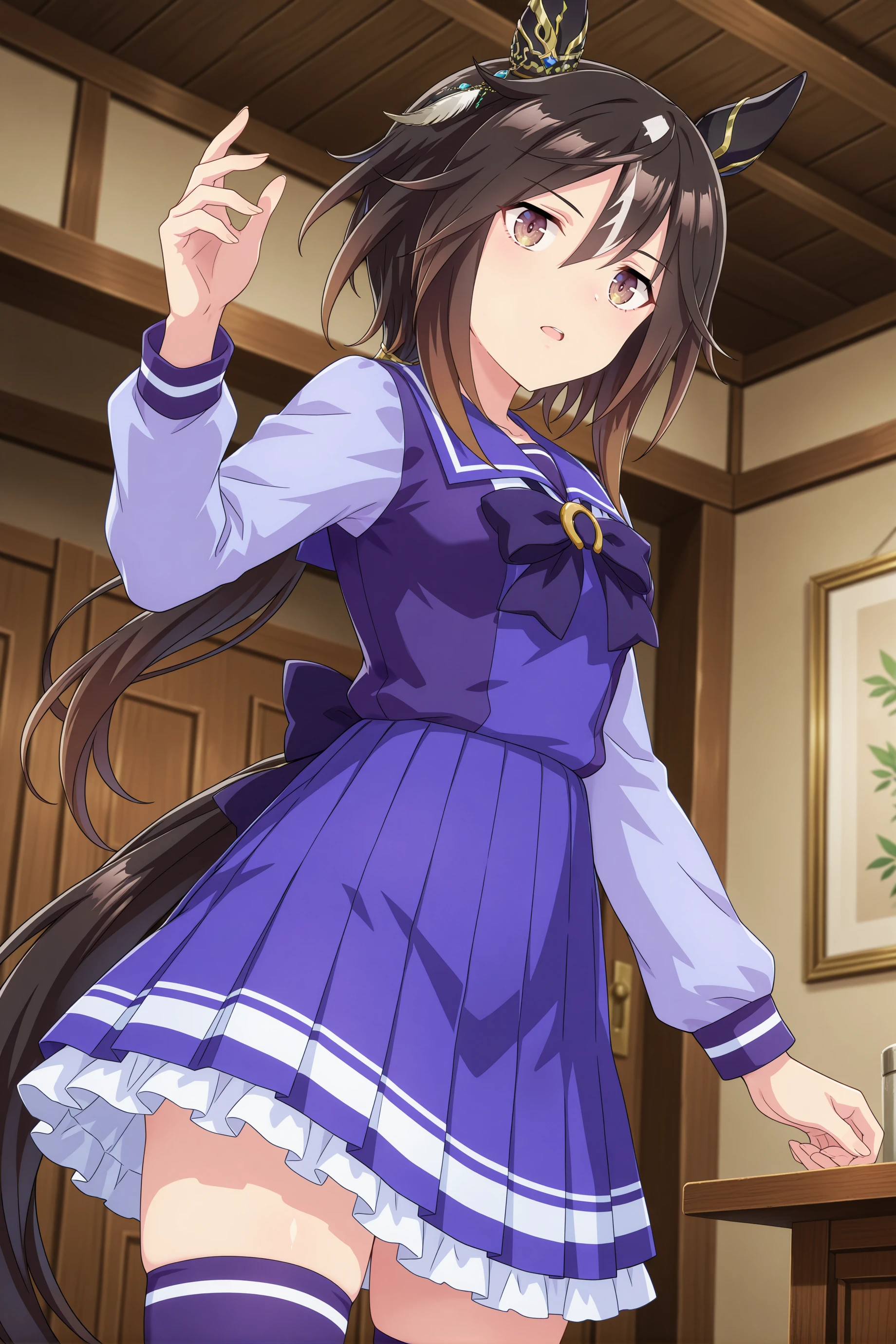 1girl, stay gold \(umamusume\), umamusume,animal ears,horse ears, horse girl,
long hair, black hair, multicolored hair, brown eyes, hair between eyes, white hair, low ponytail, brown hair, single ear cover, two-tone hair, streaked hair, small breasts, <lora:staygold_Illust_v1:0.6>
tracen school uniform, long sleeves, blue skirt,purple thighhighs,
from below, upper body, looking at viewer, determined, open mouth,inn,
(masterpiece, best quality, newest, highres), (anime coloring:1.5), (anime screenshot:1.5)