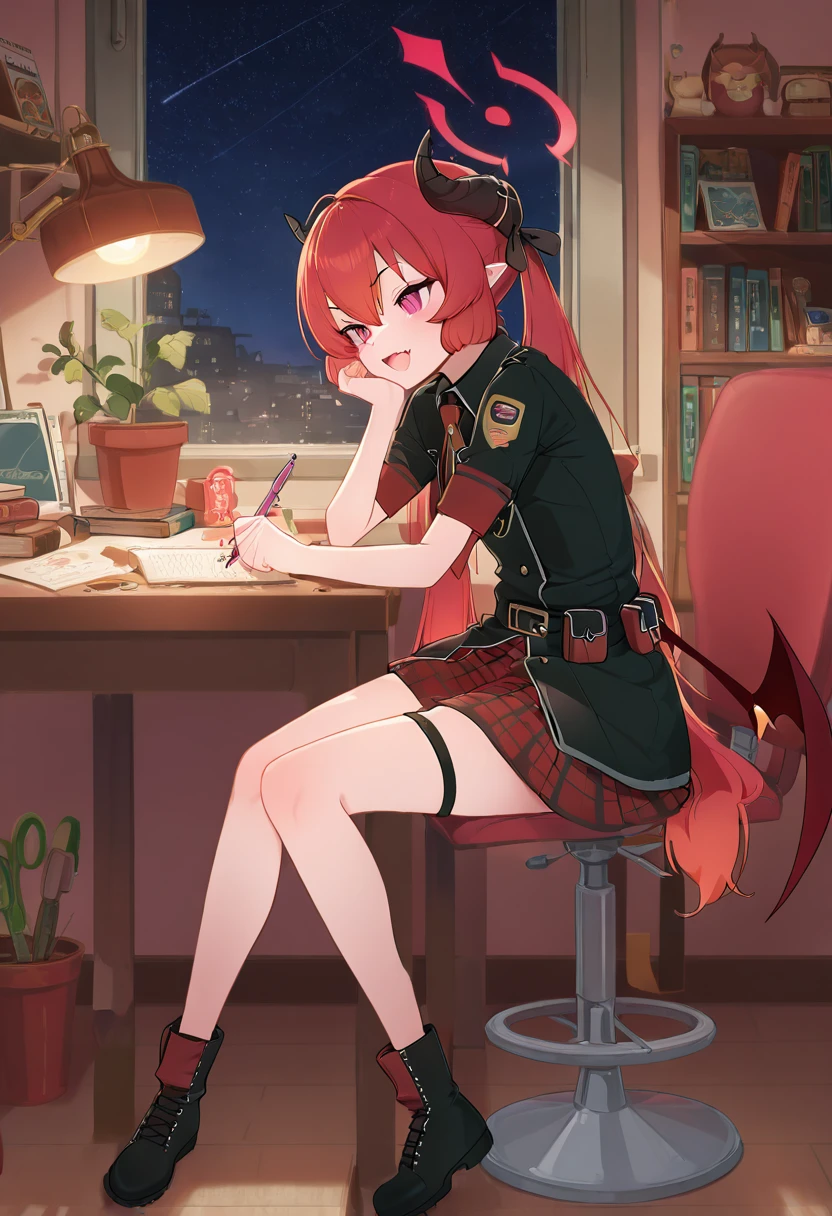 masterpiece, best quality, solo, curvy, beautiful eyes, narrow waist, wide hips, zzJunko, red eyes, red halo, red hair, horns, long hair, twintails, halo, demon horns, pointy ears, wings, hair between eyes, demon wings, very long hair, black horns, low wings, ribbon black shirt, pleated skirt, red skirt, short sleeves, plaid skirt, red necktie, thigh strap, belt, fang, black footwear, boots, , <lora:JunkoBlueArchiveIXL:1.0>, , zzLofi, sitting, side view, desk, chair, book, bookshelf, head rest, holding, holding pen, lamp, night, open book, pen, plant, potted plant, sky, star (sky), starry sky, window, windowsill, writing, <lora:LofiGirl_Style_IXL:0.8>,