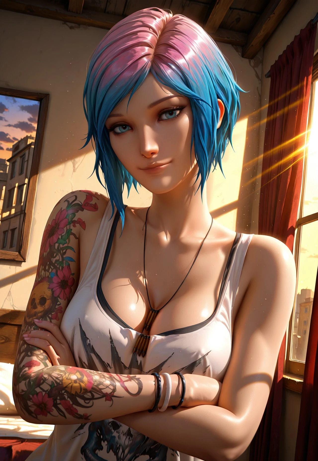 masterpiece, high quality, dynamic angle, 1girl, solo, chloepriceill, blue eyes, arm tattoo, blue hair, multicolored hair, pink hair, tank top, cleavage, bullet necklace, bracelet, arms crossed, looking at viewer, light smile, bedroom, window, curtain, sunrays, sunset, detailed scenery