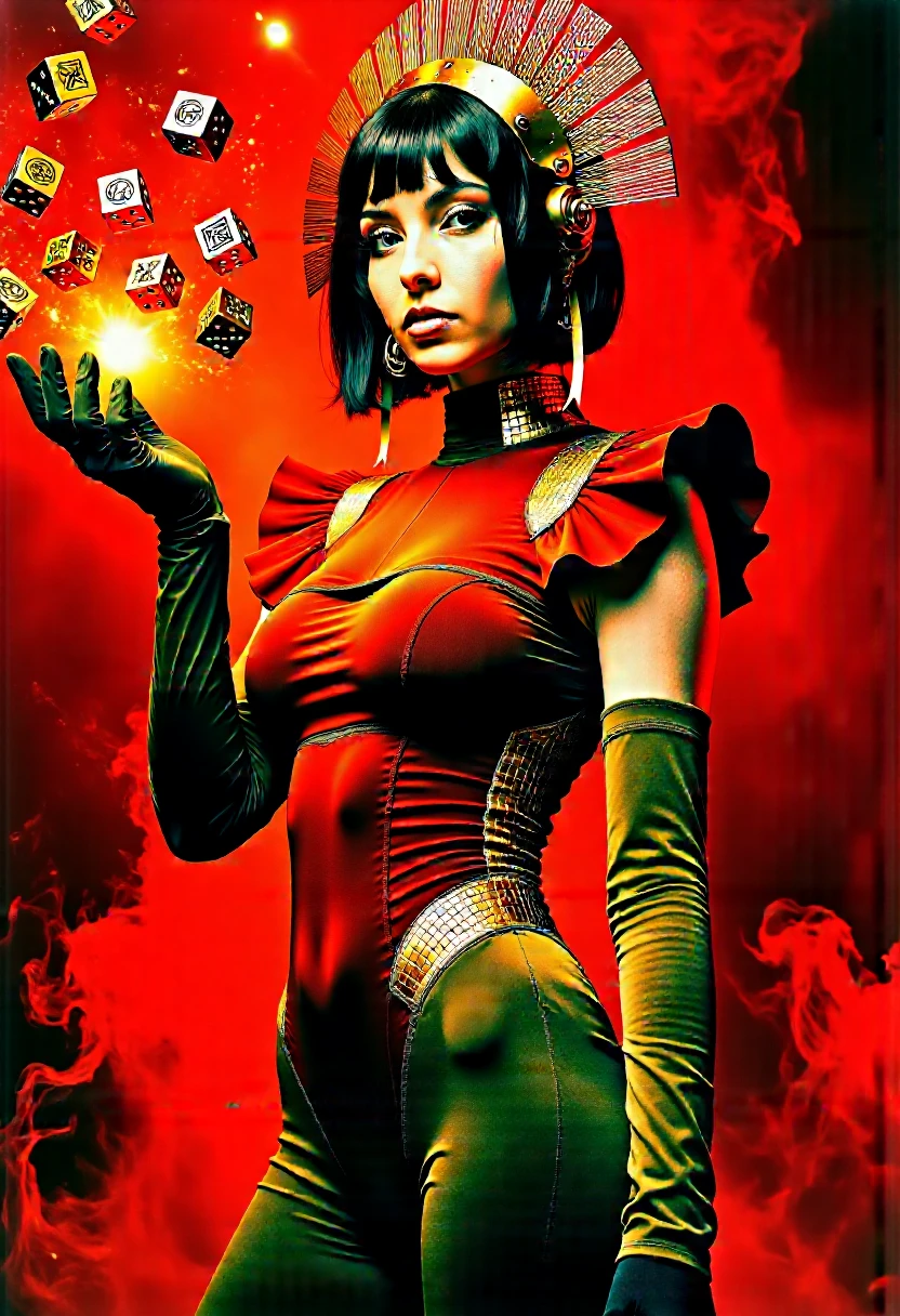A striking portrait of a futuristic and owhx_woman, standing confidently against a smoky, glowing background of warm reds and oranges looking at the viewer. Her outfit is a form-fitting with a dual-toned design: deep red and olive green, accented with subtle golden ruffles on her shoulders and . The fabric is smooth and detailed, hugging her figure while exuding both elegance and a touch of avant-garde fashion, . Her left arm is adorned with matching long gloves, emphasizing her poised and composed stance. Her hairstyle is bold and asymmetrical, featuring short, sleek black hair with a partially shaved side that reveals intricate geometric patterns. She wears an elaborate, angular headpiece that fans out like a futuristic crown, made of thin metallic rods in gold and bronze tones, with dangling ribbons adding a touch of delicacy. Her makeup is dramatic, with dark eyeliner and hints of red around her eyes, complemented by a soft, glossy lip color, skintight_leggings. She is depicted mid-action, her hand gracefully raised as if summoning or manipulating small, glowing, golden dice that float effortlessly in the air. The dice have intricate runic engravings that catch the light, giving them a mystical and futuristic feel. The background is rich with smoky textures and glowing, diffused light, enhancing the warm tones of the scene and creating a dramatic, cinematic atmosphere.