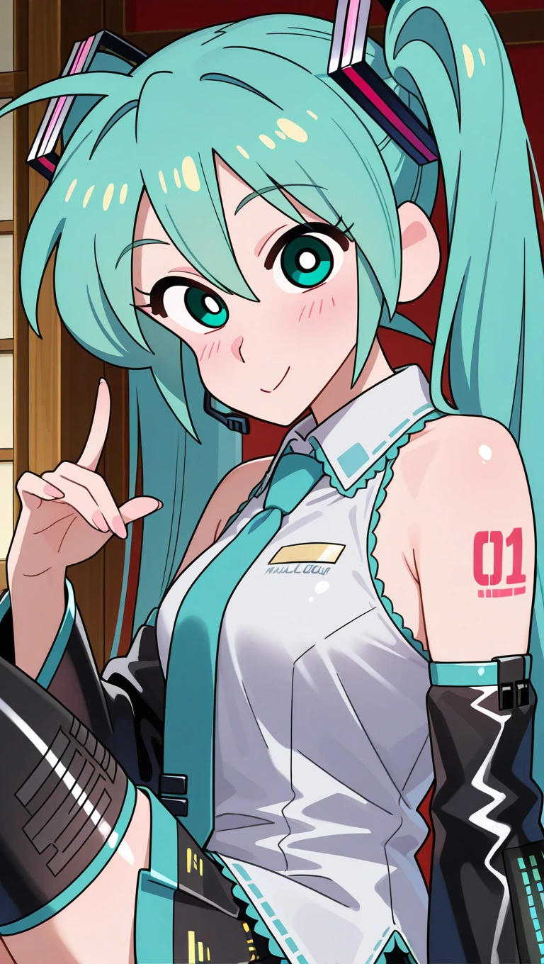 (masterpiece),best quality,amazing quality,very aesthetic,absurdres,newest,perfect body,shiny skin,perfect eyes,detail1eye,well-defined fingers,well-defined fingernails,anime style,indoors,1girl,solo,from side,upper body,(portrait:1.5),looking at viewer,facing viewer,smile,blush,Crayon Shin-chan female characters anime style,retro artstyle,bright pupils,hatsune miku,absurdly long hair,aqua hair,twintails,hair ornament,sidelocks,hair between eyes,parted bangs,aqua eyes,pointy nose,white shirt,collared shirt,bare shoulders,sleeveless shirt,aqua necktie,detached sleeves,black sleeves,shoulder tattoo,fringe,miniskirt,pleated skirt,zettai ryouiki,black thighhighs,thigh boots,<lora:Hatsune Miku(voc)-Illus-Remake:1.6>,
