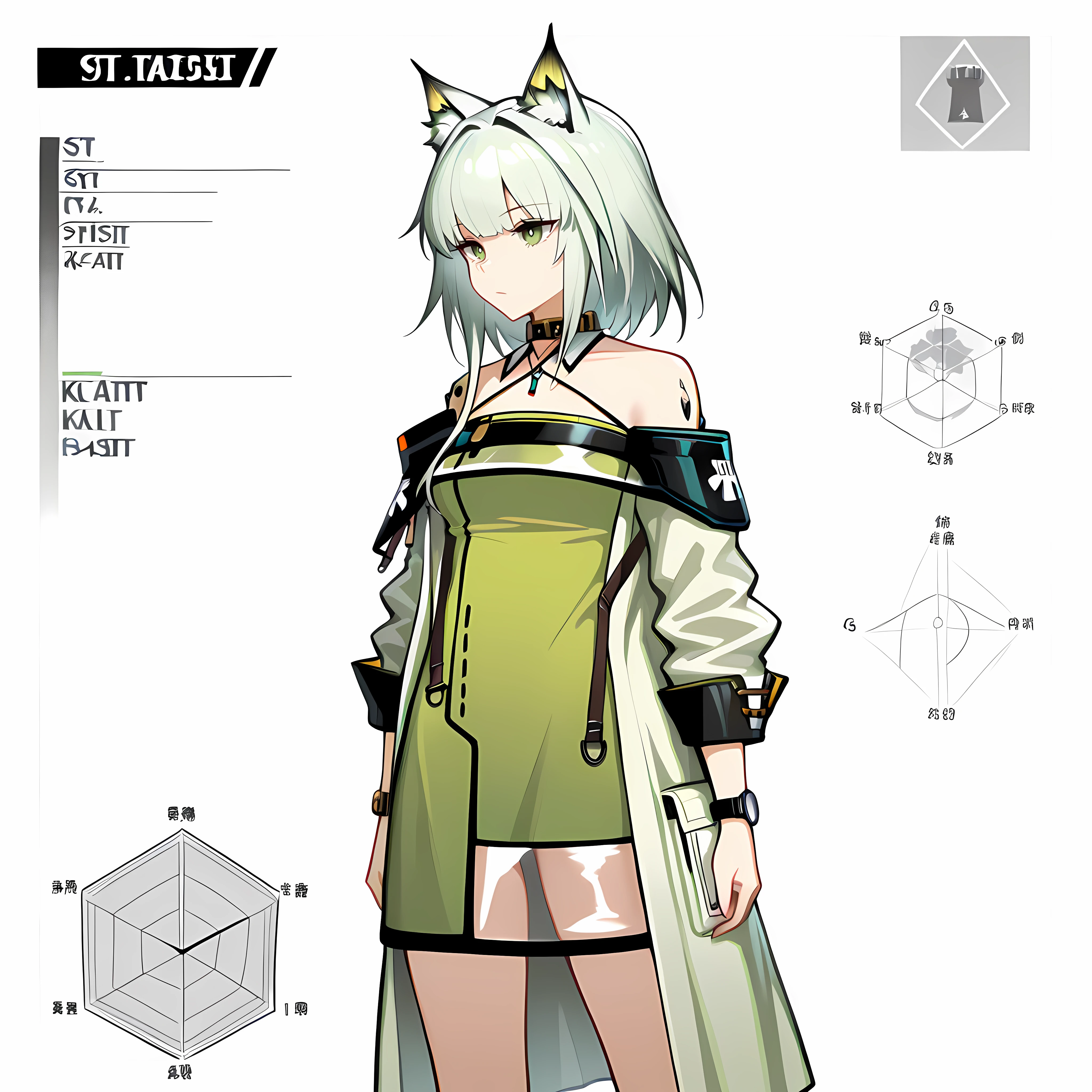 Masterpiece, newest, perfect quality, best quality, 1girl, solo, cowboy shot, kal'tsit_\(arknights\), st4t,character profile, radar chart