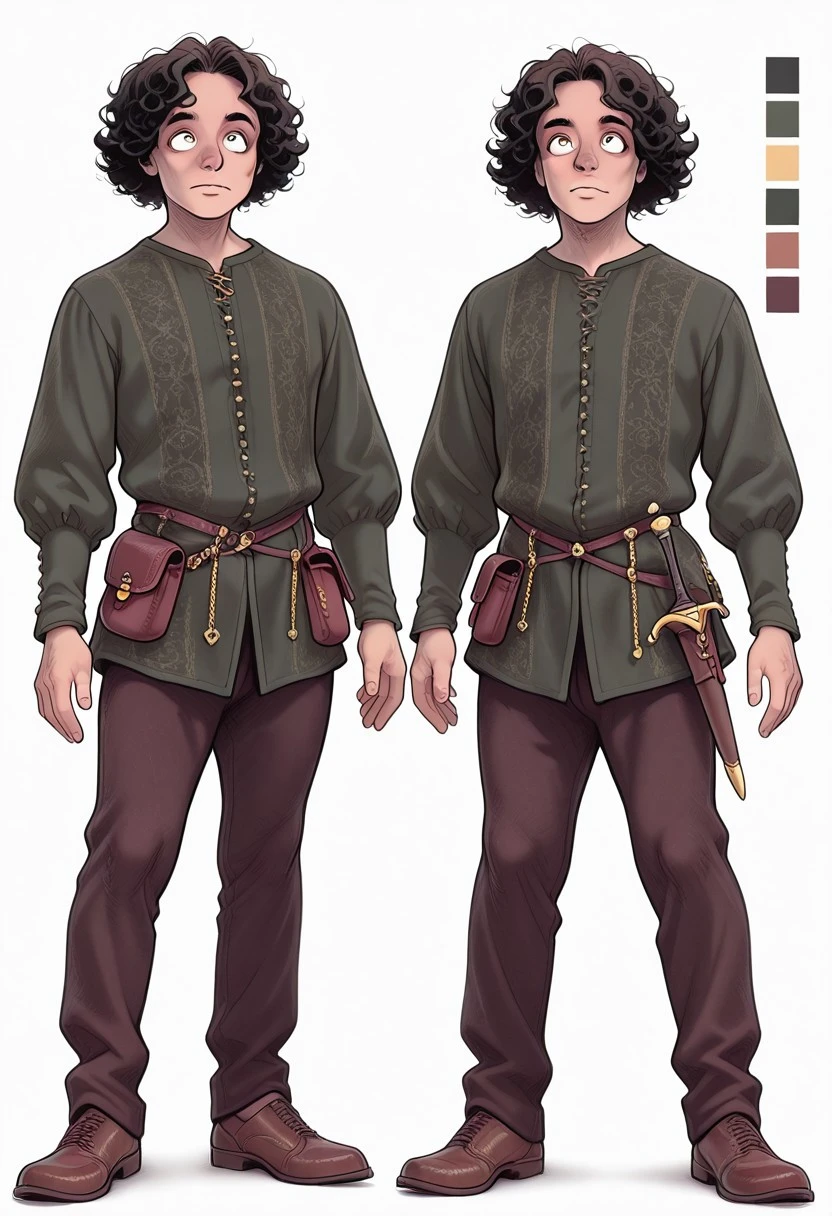 1boy, thin, italian, black curly hair, brown breeches, renaissance green shirt, (brown doublet),big eyes, brown shoes, pouch, dagger, gold chain,
Renaissance, lazypos, SemiReal, melkor_style,
reference sheet, simple white background, (color guide:1.2), (multiple views), (full body), dynamic pose,,