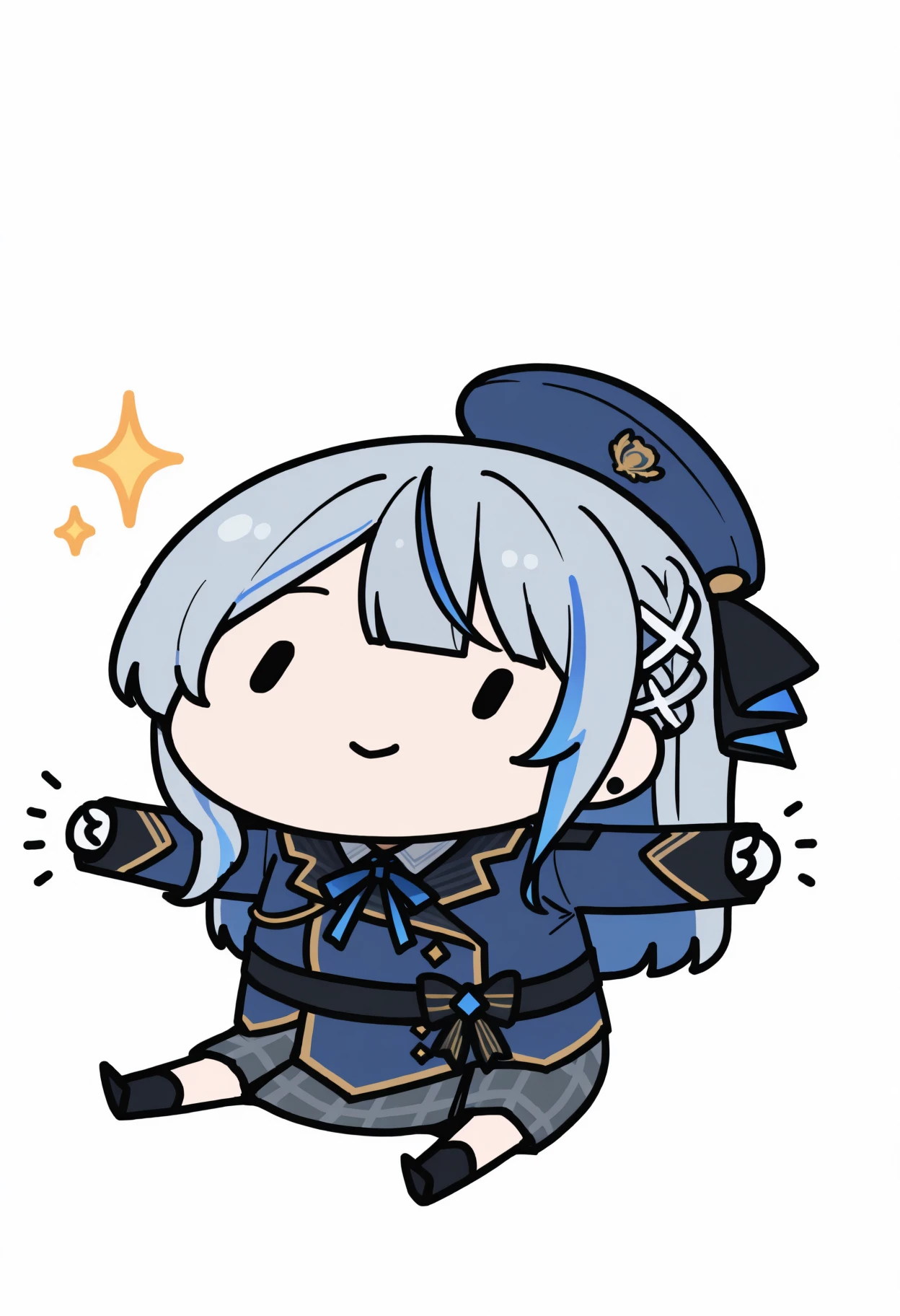 masterpiece, best quality, 1girl, solo, Ruk4Def, multicolored hair, grey hair, blue hair, long hair, braid, ribbon braid, ear piercing, blue hat, hat ribbon, blue neck ribbon, blue jacket, military jacket, long sleeves, white gloves, half gloves, black sash, black bow, grey skirt, plaid skirt, sitting, on floor, smile, dot eyes, sparkles, spread arms, chibi, meme, thick lines, simple background, white background, <lora:style_walfie_illustriousXL-GLoRA:1>, <lora:ChamAmagaiRukaNoob:1>