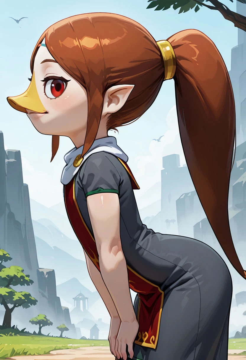 masterpiece, best quality, solo, curvy, beautiful eyes, narrow waist, shiny skin,zzMedli, solo, 1girl, brown hair, beak, pointy ears, bird, long hair, long hair, red eyes, ponytail, blue dress, red tabard, ,<lora:MedliZelda_IXL_v2:1.0>, bent over, hands on knees, side view, flirty smile, cowboy shot, looking at viewer,