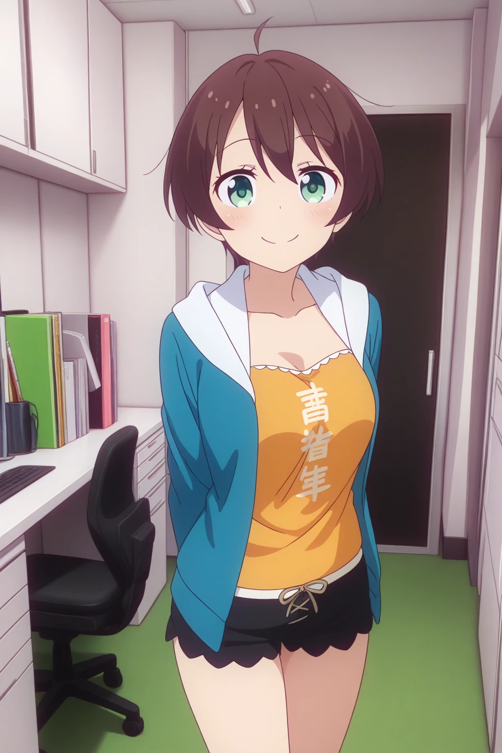 very awa, detailed eyes, shining eyes, masterpiece, best quality, ultra-detailed, (8k), (hdr), (ultra-detailed), absurdres, looking at viewer, solo, 1girl, girl, indoors, office, smile, aahajime, green eyes, brown hair, ahoge, hajimec1, blue hoodie, open hoodie, orange shirt, clothes writing, black shorts, ((standing, cowboy shot))