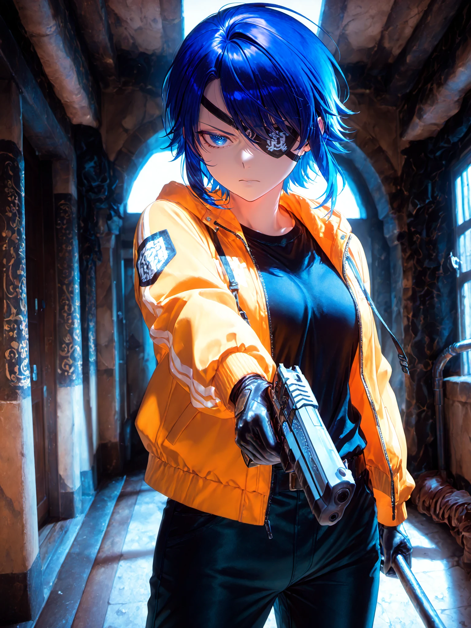 siiqa vivi, shuri \(84k\) <lora:Aoi3XL:1> Ryugo_YS, 1girl, short hair, eyepatch, serious, desert eagle, tomboy, indoors, dark, cowboy shot, 
<lora:cfg_scale_boost:0.9>, solo, holding lead pipe, glaring, gloves, 
best quality, amazing quality, very aesthetic, absurdres, newest, lazypos, <lora:cfg_scale_boost:0.9>