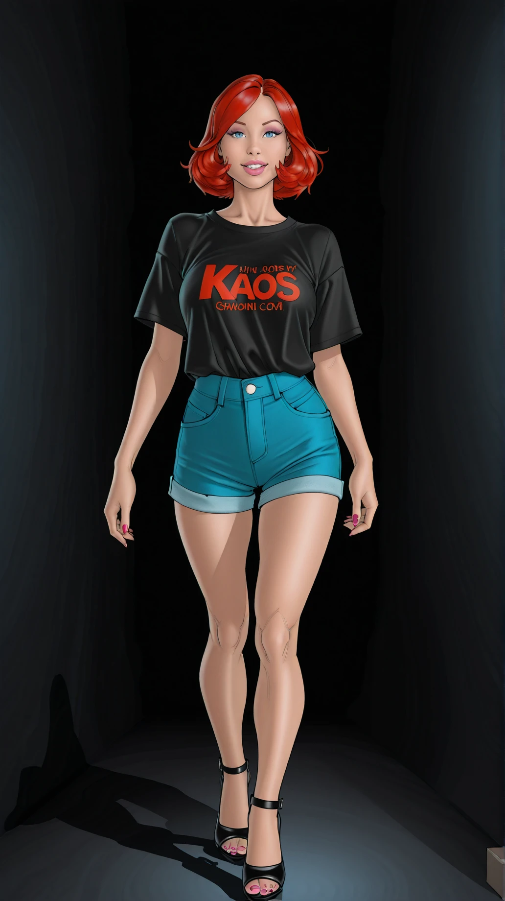 <lora:Kaos_Comics_Style:0.8>, kaoscomicstyle, masterpiece, best quality, highres, sharp focus, cinematic lighting, hdr, high contrast, empty background, dark background, random angle, dynamic angle BREAK
1girl, kaosanabelle, short red hair, blue eyes, makeup, shorts, heels, tshirt, standing, looking at viewer,