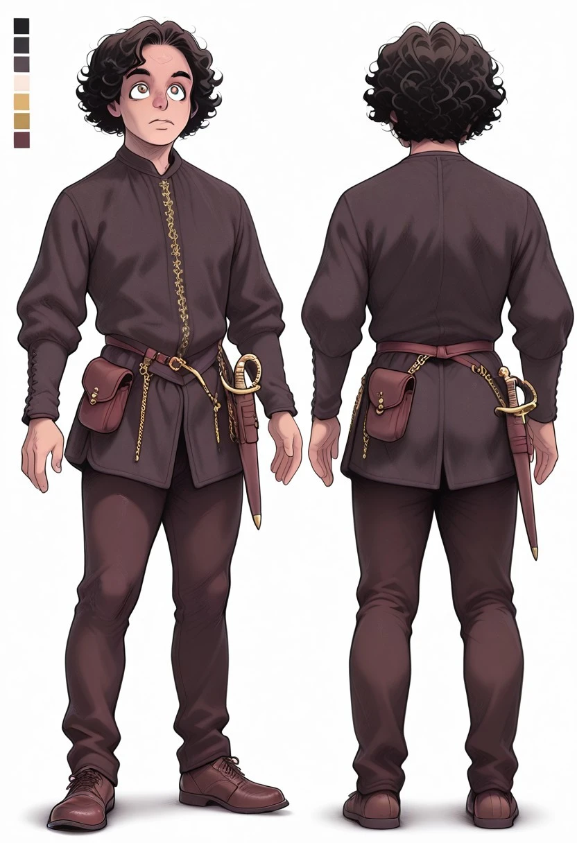 1boy, thin, italian, black curly hair, brown breeches, (brown doublet),big eyes, brown shoes, pouch, dagger, gold chain,
Renaissance, lazypos, SemiReal, melkor_style,
reference sheet, simple white background, (color guide:1.2), (multiple views), (full body), dynamic pose,,