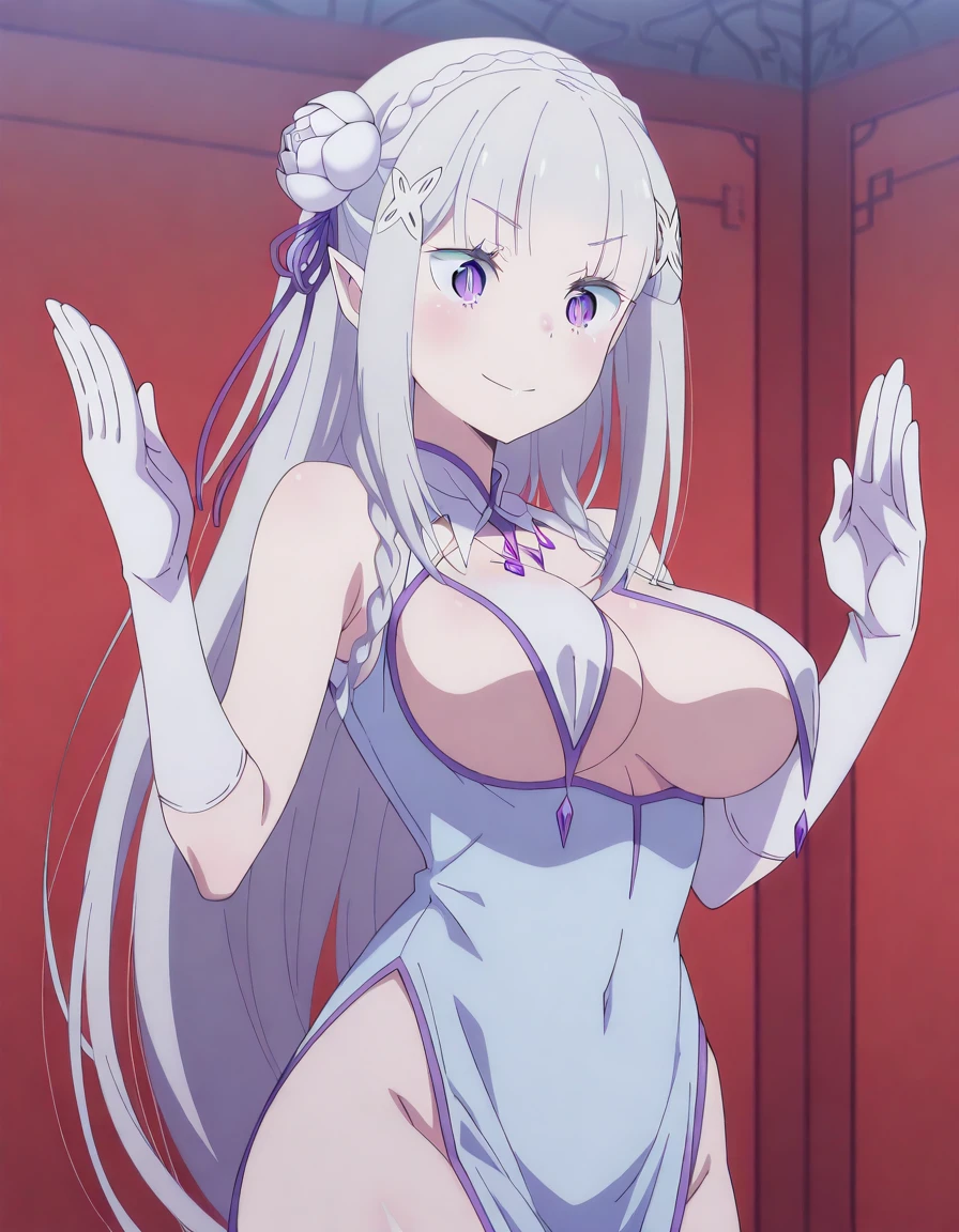 masterpiece, best quality, amazing quality,, <lora:rezero-emilia-s3-p2-illustriousxl-lora-nochekaiser:1>, emilia, emilia (re:zero), braid, crown braid, flower, hair flower, hair ornament, hair ribbon, long hair, pointy ears, purple eyes, white hair, x hair ornament, mature female, breasts, anime screencap, <lora:azur-lane-sirius-cosplay-illustriousxl-lora-nochekaiser:1>, azur lane sirius cosplay, sirius (azur lane) (cosplay), blue dress, breast curtains, china dress, chinese clothes, cosplay, dress, pelvic curtain, revealing clothes, skindentation, underboob,, <lora:kung-fu-illustriousxl-lora-nochekaiser:1>, kung fu, martial arts, training, fighting stance, cowboy shot, hands up, legs up, ^_^, , , ,