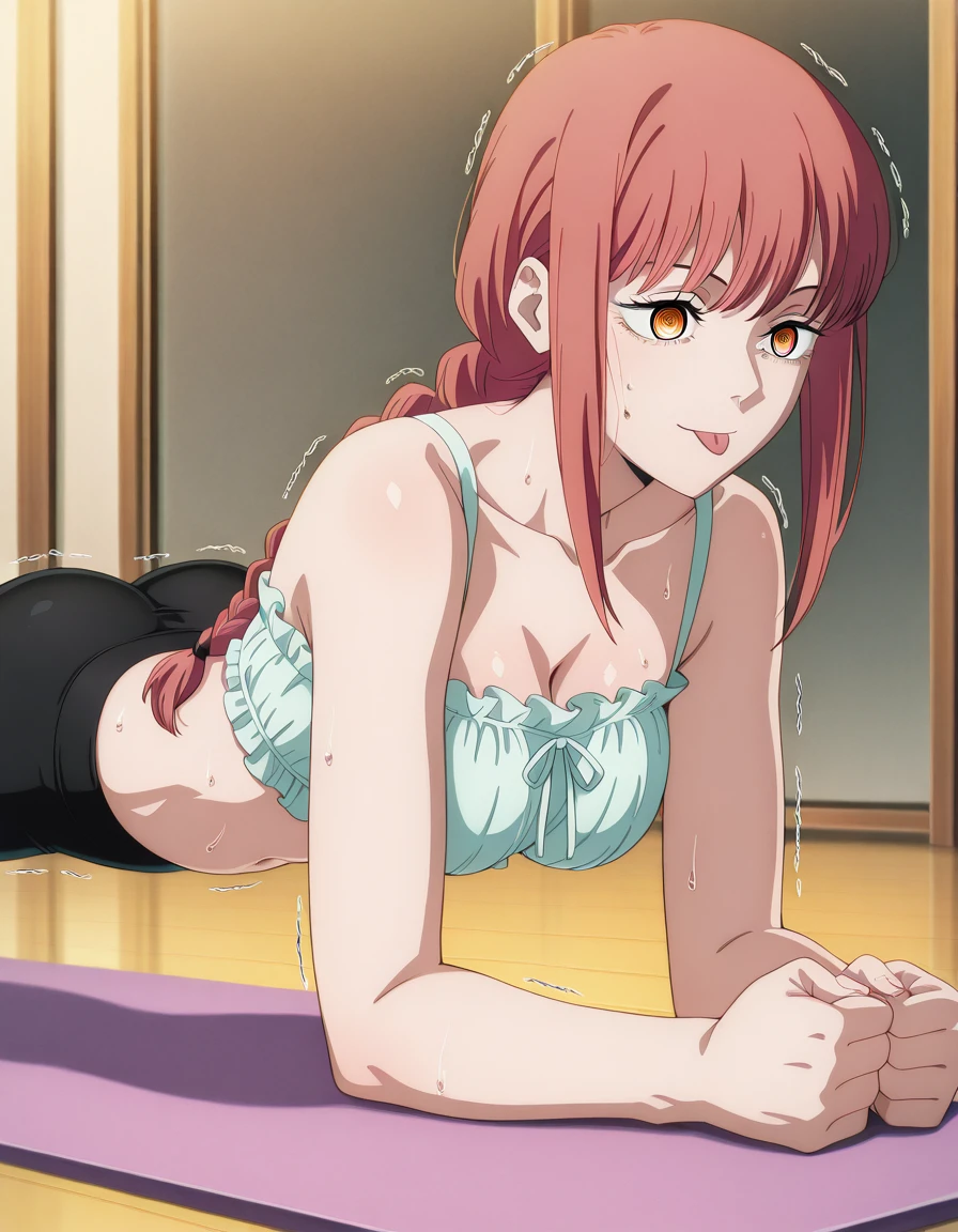 masterpiece, best quality, amazing quality,, <lora:chainsawman-makima-s1-illustriousxl-lora-nochekaiser:1>, makima, makima (chainsaw man), long hair, bangs, yellow eyes, braid, red hair, braided ponytail, ringed eyes, mature female, medium breasts, anime screencap, <lora:cinderella-bust-illustriousxl-lora-nochekaiser:1>, cinderella bust, underwear only, frilled bra, navel, panties,, <lora:planking-illustriousxl-lora-nochekaiser:1>, planking, exercising, yoga mat, yoga, yoga pants, trembling, struggling, sweat, sports bra,, :p, , , ,