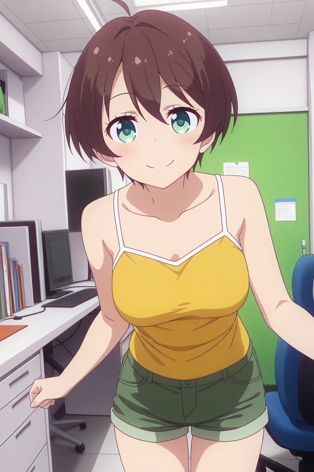 very awa, detailed eyes, shining eyes, masterpiece, best quality, ultra-detailed, (8k), (hdr), (ultra-detailed), absurdres, looking at viewer, solo, 1girl, girl, indoors, office, smile, aahajime, green eyes, brown hair, ahoge, hajimec3, yellow tank top, denim shorts, short shorts, ((standing, cowboy shot))