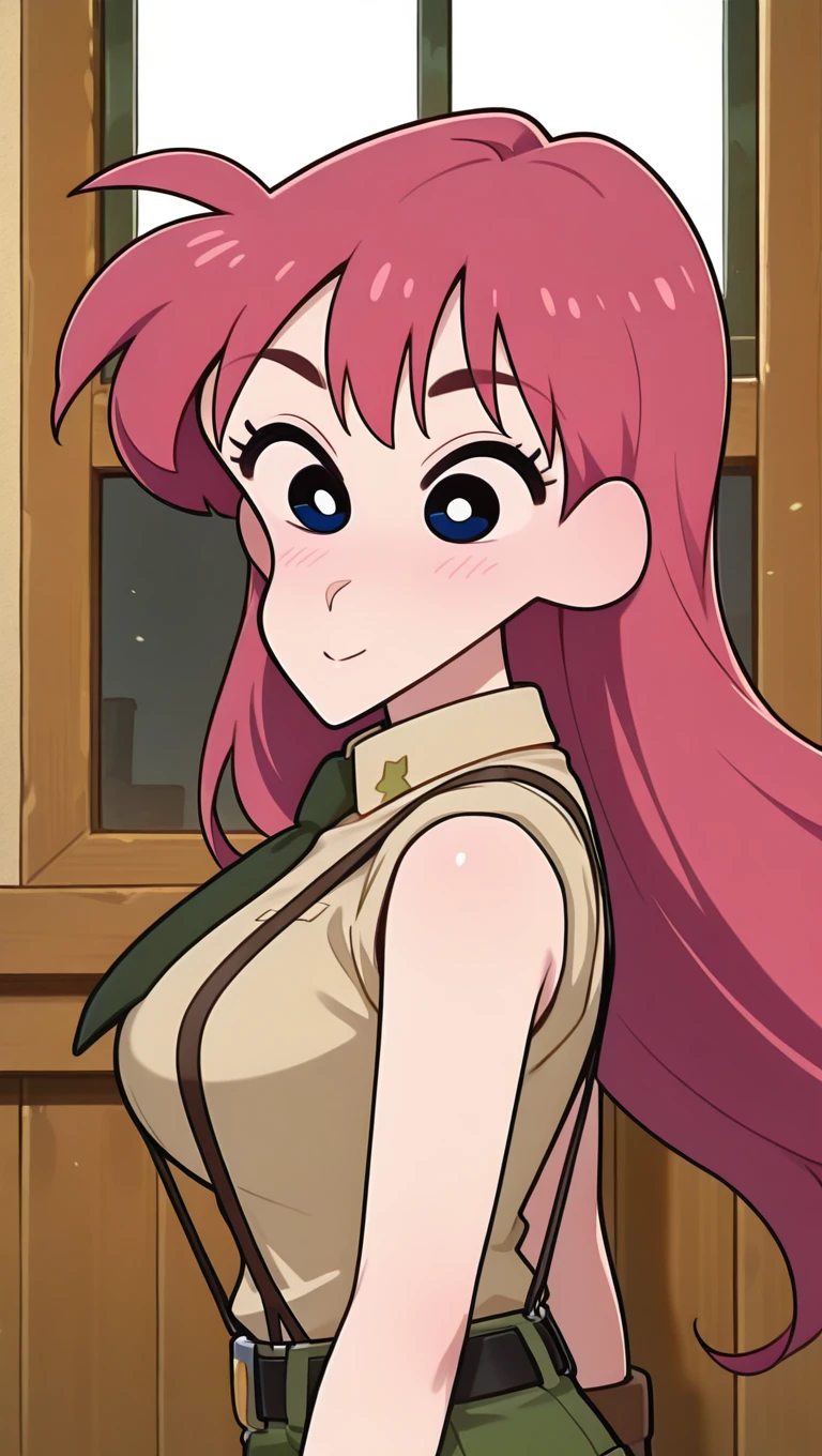 (masterpiece),best quality,amazing quality,very aesthetic,absurdres,newest,perfect body,shiny skin,perfect eyes,detail1eye,well-defined fingers,well-defined fingernails,anime style,indoors,1girl,solo,from side,upper body,(portrait:1.5),looking at viewer,facing viewer,smile,blush,Crayon Shin-chan female characters anime style,retro artstyle,bright pupils,Novice female,Novice female uniform,very long hair,pink hair,floating hair,bangs,blue eyes,half-closed eyes,collared shirt,sleeveless shirt,beige shirt,large breasts,dark green necktie,bare arms,fingerless gloves,black belt,suspender shorts,green shorts,short shorts,shorts rolled up,zettai ryouiki,black thighhighs,boots,<lora:TNT-Novice female(tnt)-Illus:1.6>,