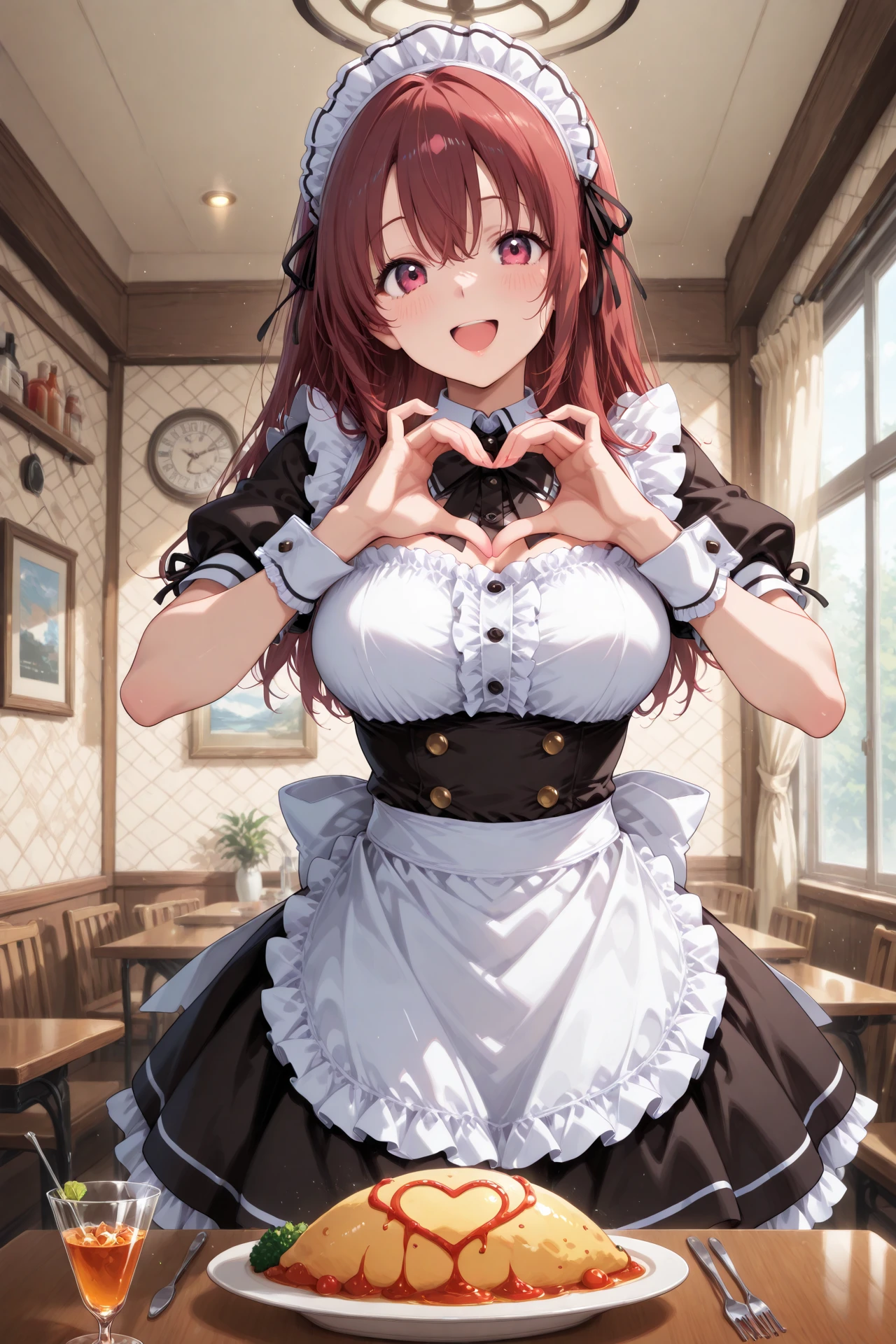 anime girl holding a red heart-shaped box with a gift in it, anime girl in a maid costume, Maid clothes, small curvaceous , Japanese maid cafe, anime cat girl in a maid costume, anime visual of a cute girl, anime moe art style, ( waitress ) girl, cute realistic portrait
