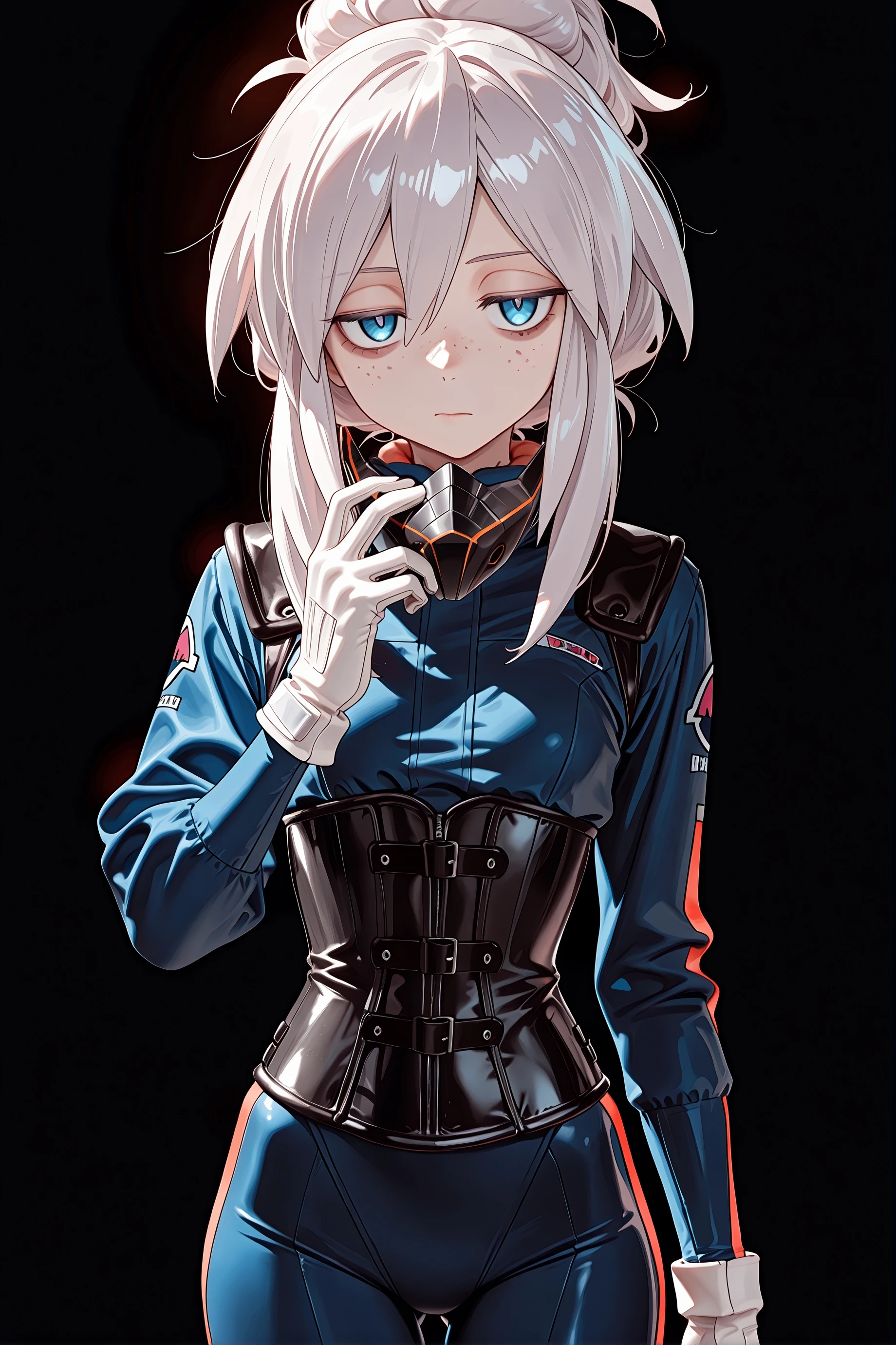 1girl, deux murasame, freckles, 
pilot suit, corset, white gloves, 
jitome, unworn mouth mask, closed mouth, 
black background, 
cowboy shot, looking at viewer, <lora:deuxmurasameillv3:0.8>,, masterpiece, best quality, amazing quality, very aesthetic, absurdres, highres, newest,<lora:xl_saturation_slider:0.1> <lora:add-detail-xl:1> <lora:illustriousXLv01_stabilizer_v1.121:0.4> <lora:reduce_wrinkles_illstriouosv0.1_ADDifT_2_in_1_v1.2:0.9>