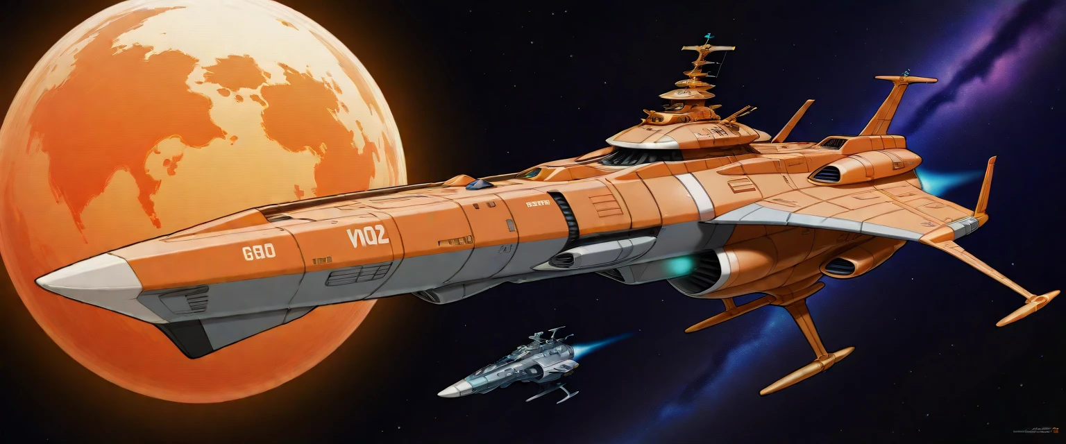 masterpiece, best_quality, very_aesthetic, highres, absurdres, ultra detailed,
starry sky, planet, nebula, battle ship,military vessel,fleet,
<lora:negXL:0.5> <lora:yamato2199_IL:1> yamato2199, no humans, science fiction, spacecraft, vehicle focus, military vehicle, energy cannon, thrusters, machinery, simple background, space, realistic
yoneyama mai,dynamic visul,multiple-tone hair, multiple-tone background, watercolor \(medium\), vivd color,olive theme,orange theme,warm colors,dream like,