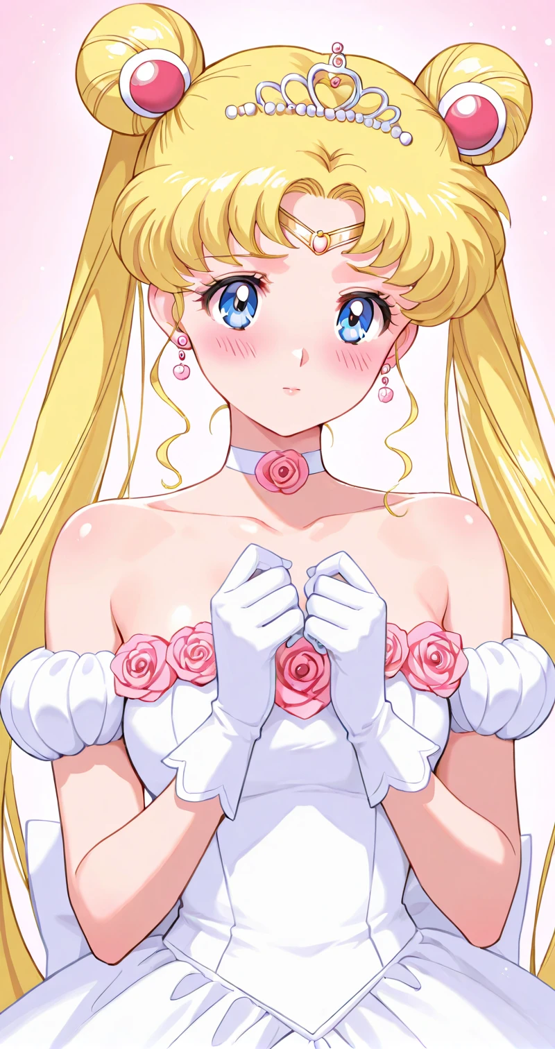 Usagi_XL, 1girl, solo, long hair, blush, hair ornament, gloves, dress, jewelry, bare shoulders, twintails, upper body, flower, heart, earrings, choker, white gloves, hair bun, strapless, double bun, rose, tiara, pink flower, strapless dress, white choker, pink rose, princess, neck, <lora:Usagi_XL-04:0.9>