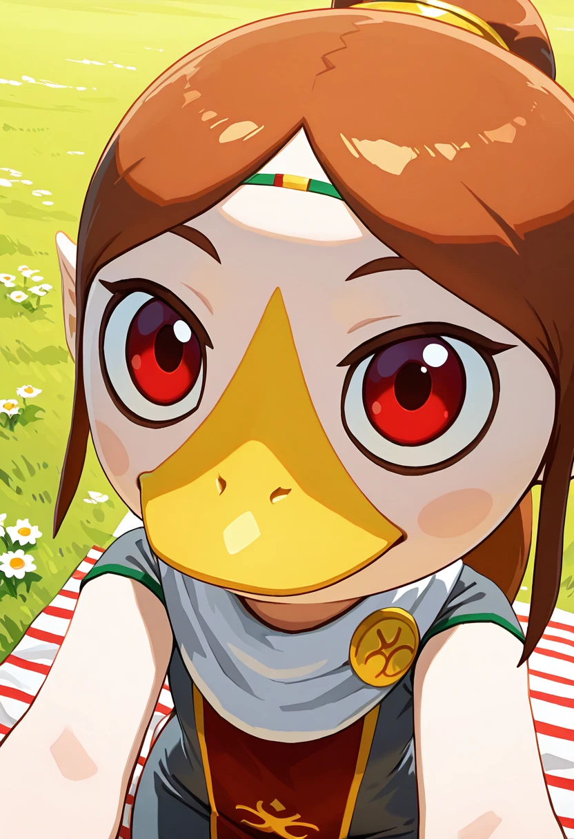 masterpiece, best quality, solo, curvy, beautiful eyes,  smile, looking at viewer, foreshortening, wide hips, narrow waist, upper body, close up, dynamic angle,   zzMedli, solo, 1girl, brown hair, (beak:1.1), pointy ears, bird, long hair, long hair, red eyes, ponytail,  <lora:MedliZelda_IXL_v2:0.8>, [Boho Picnic], Fringed cardigan, ankle boots, layered necklaces, Lounging on a picnic blanket in a field of wildflowers under soft, golden sunlight.