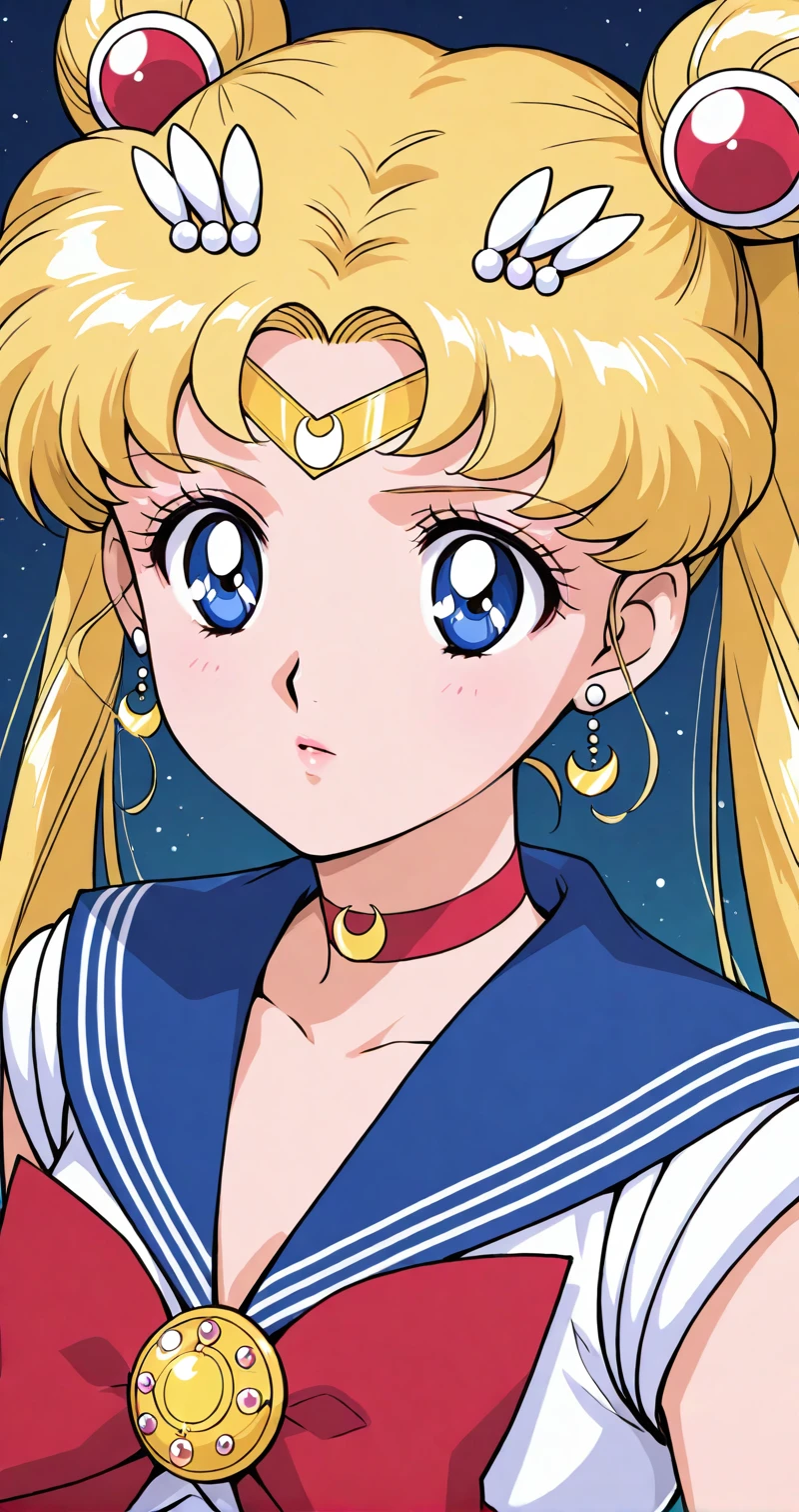 Usagi_XL, 1girl, solo, long hair, hair ornament, bow, jewelry, twintails, upper body, earrings, choker, sailor collar, hair bun, red bow, double bun, facial mark, magical girl, blue sailor collar, crescent, forehead mark, red choker, sailor senshi uniform, anime coloring, crescent facial mark, neck, crescent earrings, <lora:Usagi_XL-04:0.7>